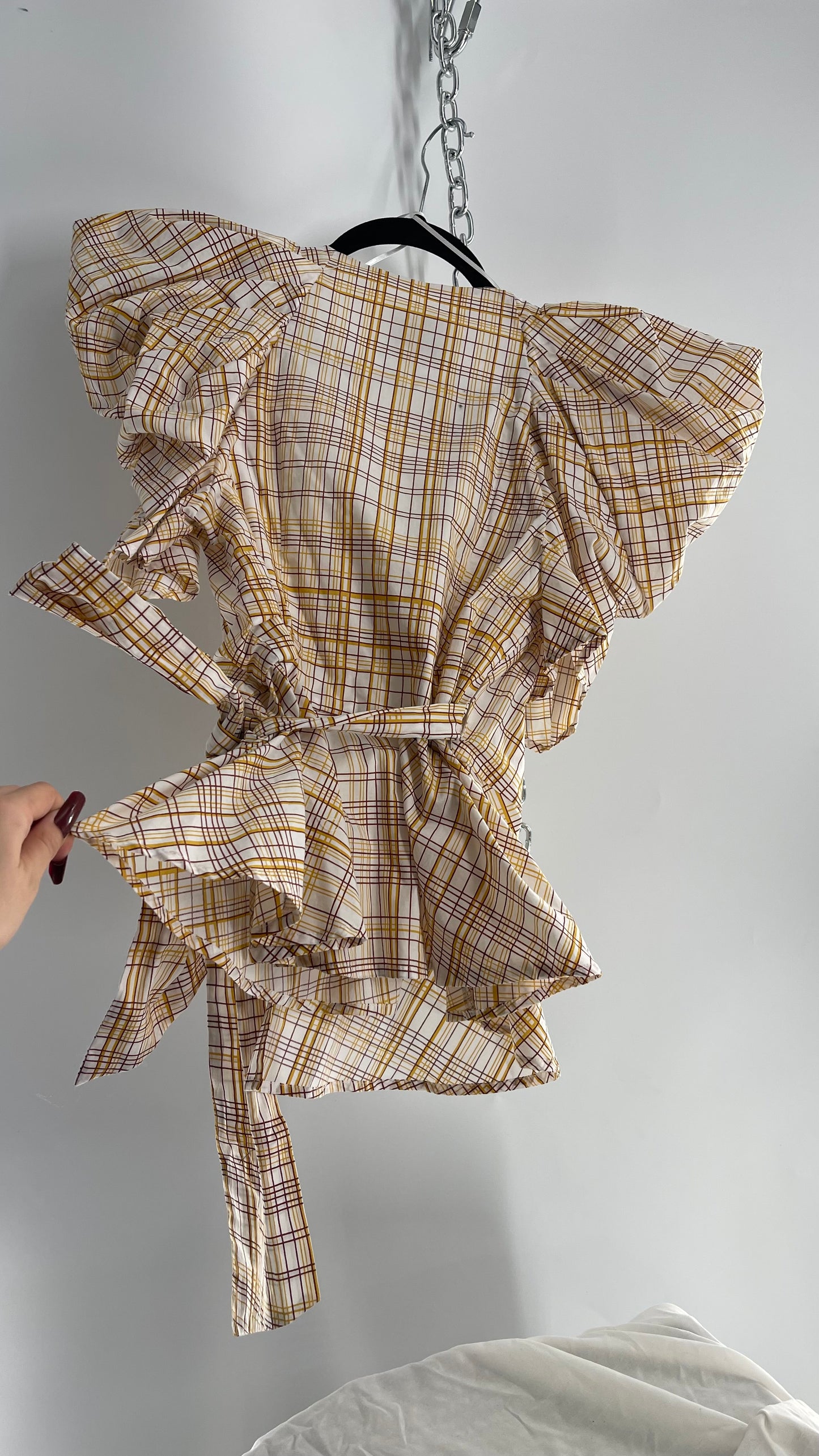 C/MEO Collective Plaid Puff Sleeve Peplum with Tags Attached (S)