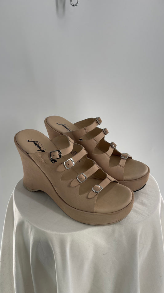 Free People Huffman Beige/Tan Leather Wedge Multiple Buckle Heel (37)