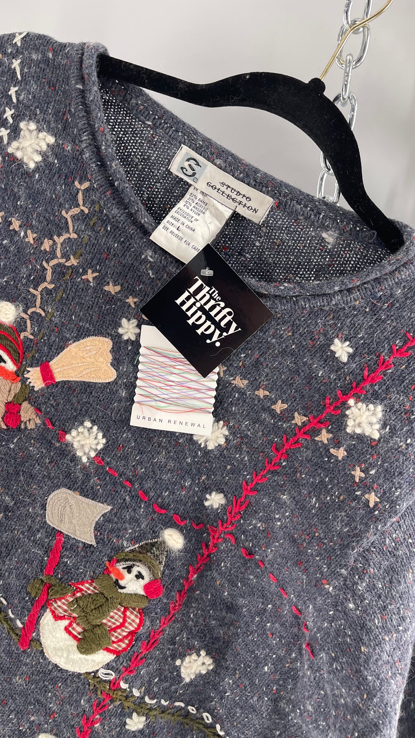 Vintage Urban Outfitters Christmas/Holiday Sweater with Festive Snowmen Snowflakes, and Contrast Stitch Detail  (S)