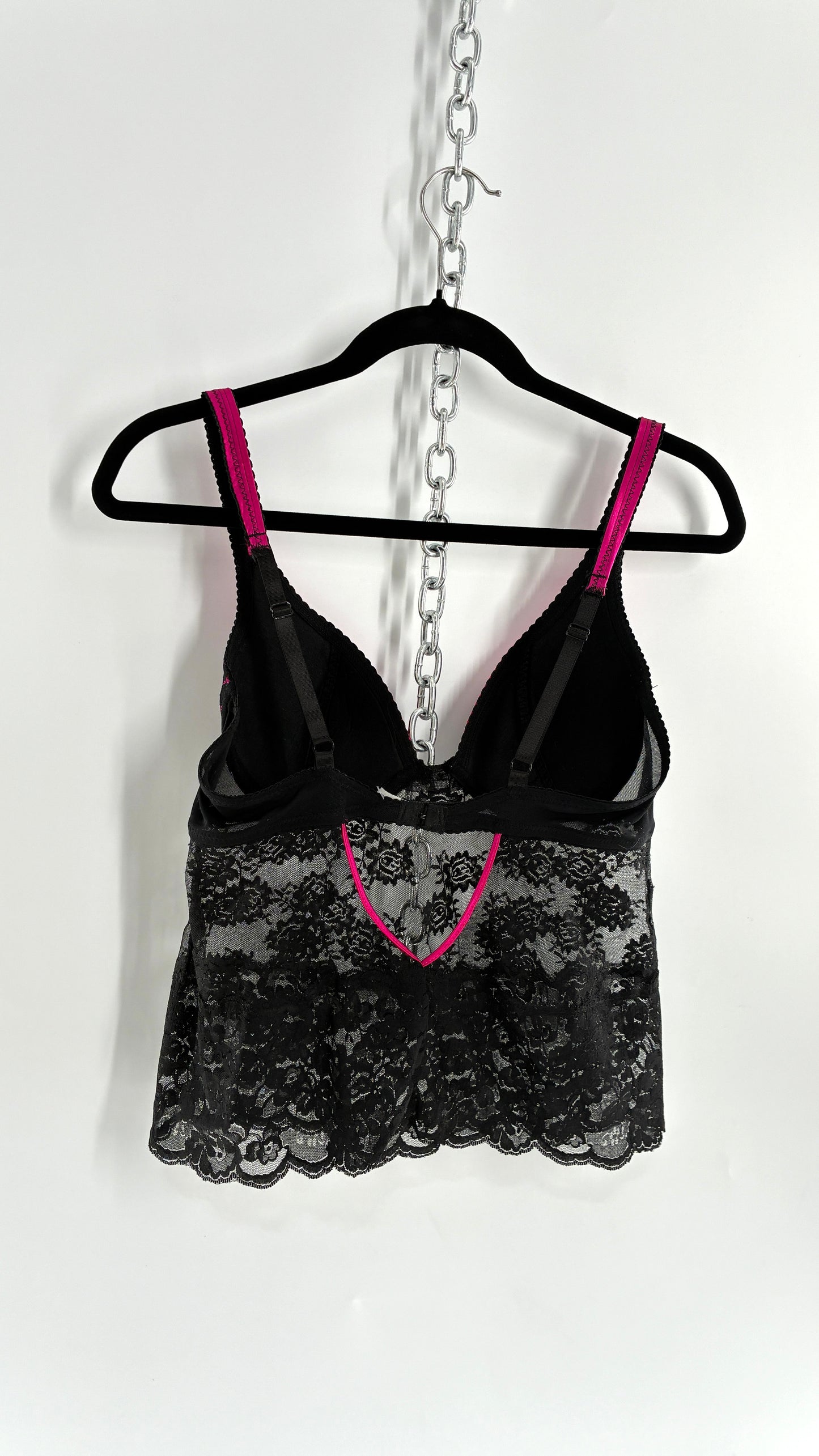 Vintage DONNA LOREN Black Lace Bustier with Satin Pink Cups (34C)