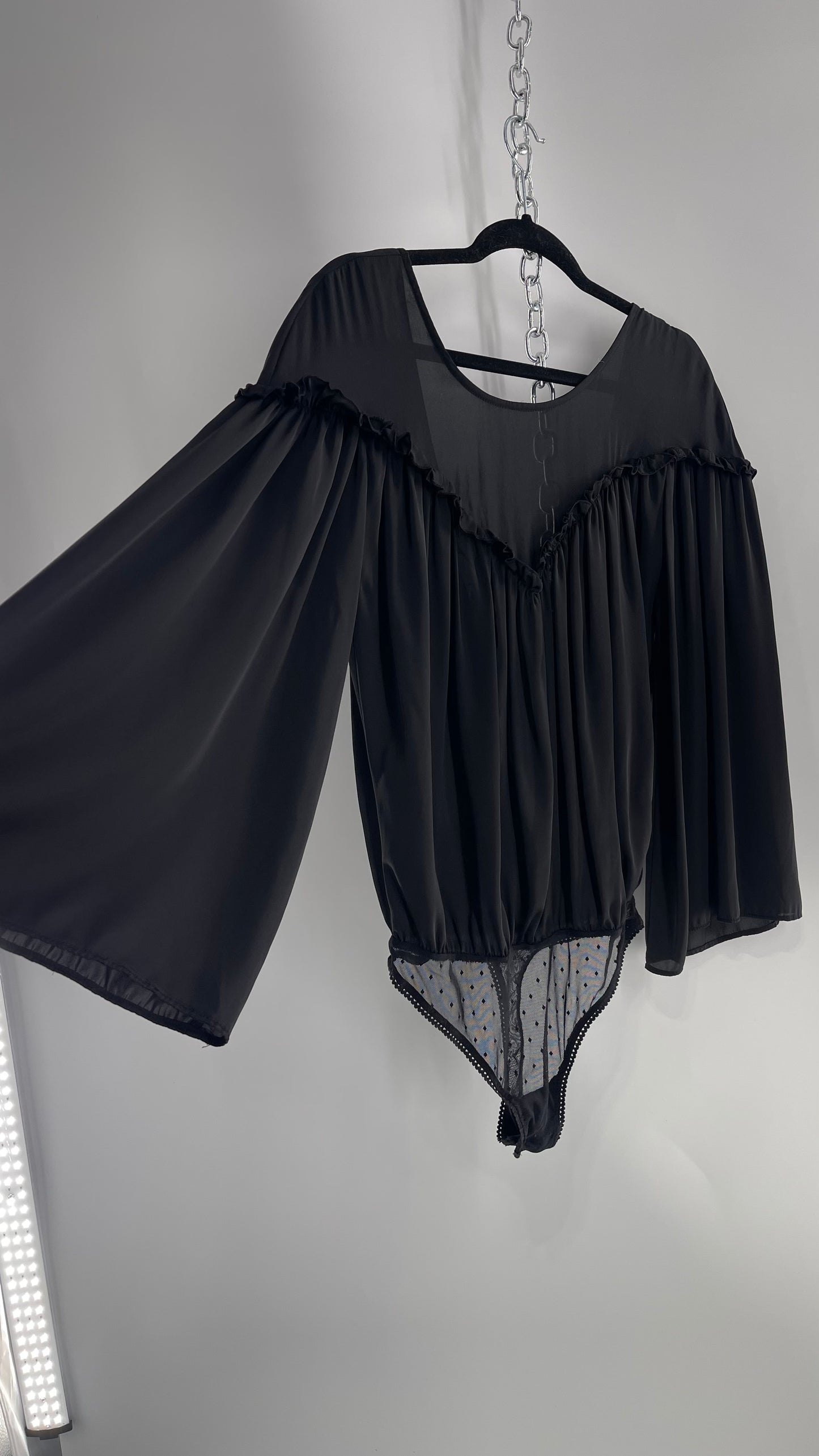 Free People Black Silky Ruffled Sweetheart Neckline Detail with Pleated Bodice and Open Back (XS)