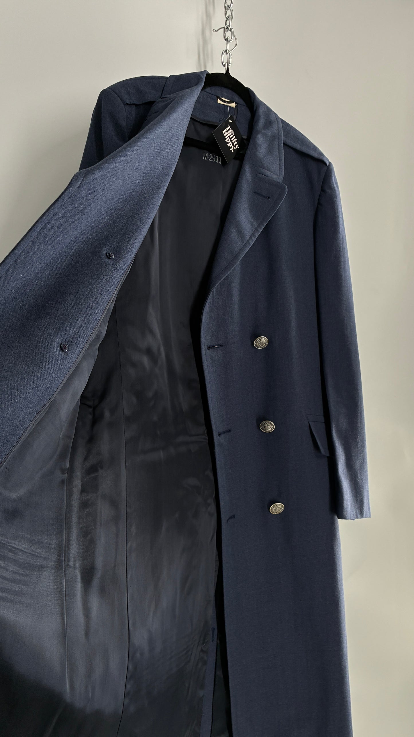 Vintage Military Style Navy Blue Woven Heavy Duty Long Coat