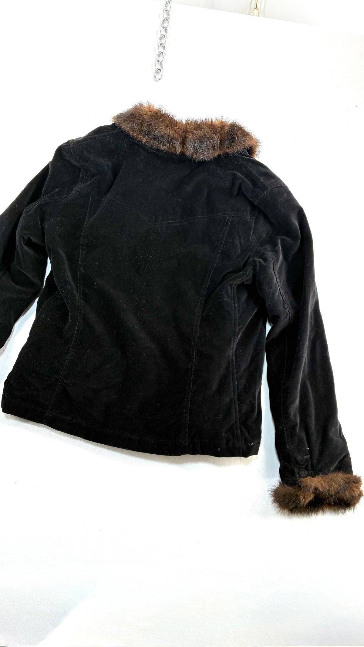 Vintage BLACK RIVET Velour Jacket with Vegan Fur Trim Collar and Cuffs (Large)