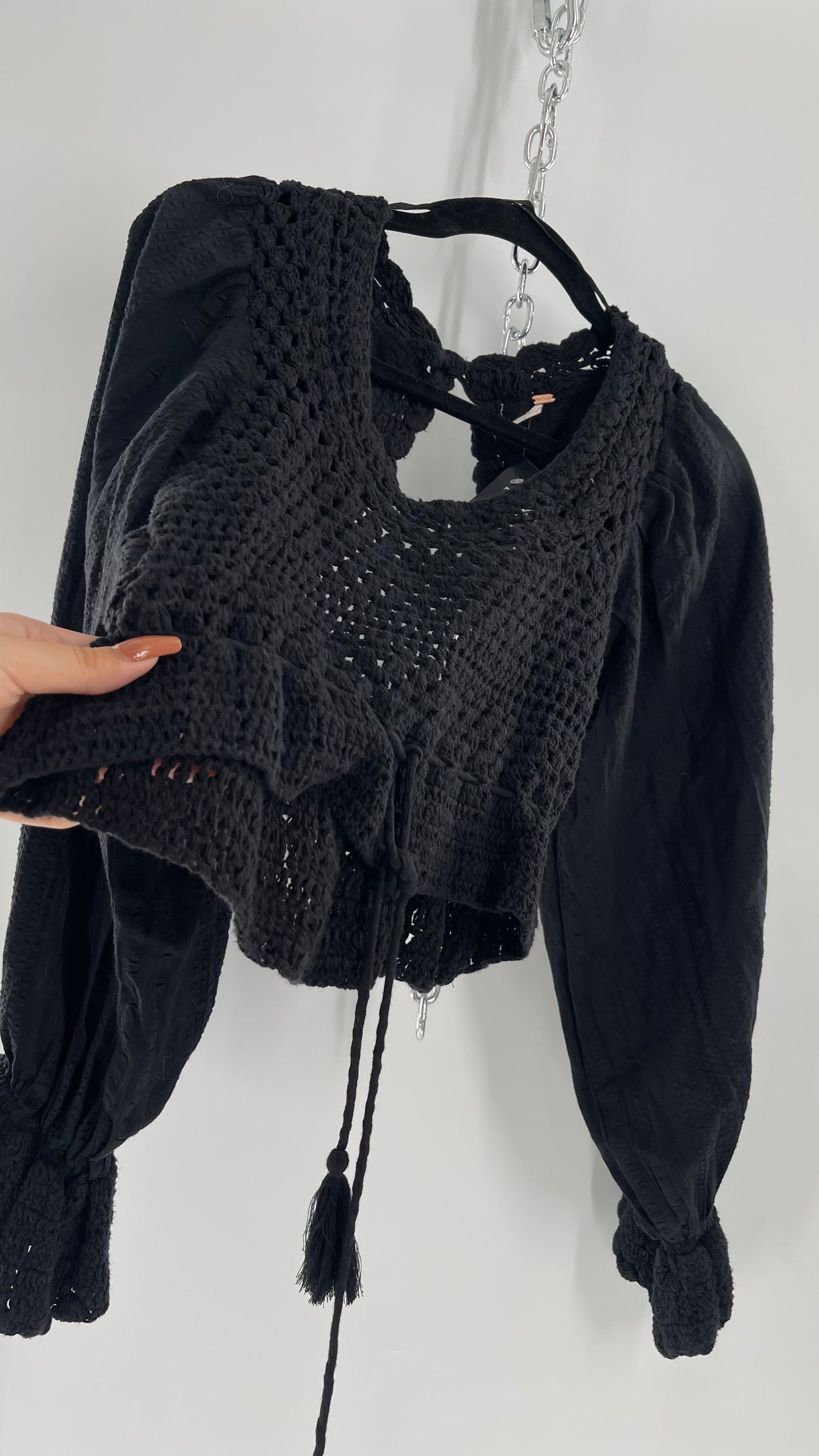 Free People Black ‘Megan’ Woven Macrame Crochet Cropped Blouse with Balloon Sleeves and Flared Cuffs (XS)