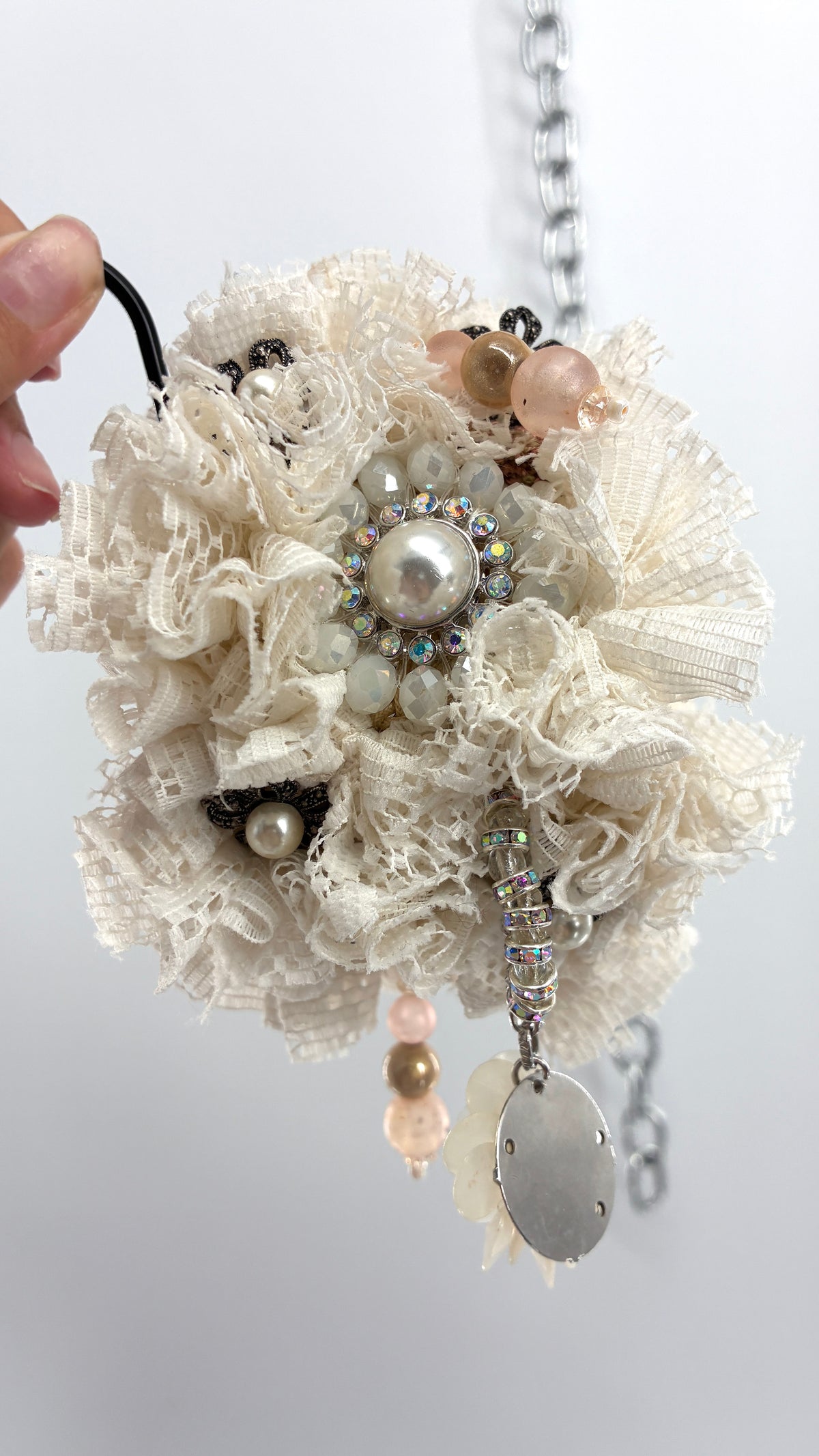Handmade Oversized Ivory Lace Rosette & Jeweled Charm Statement Cuff