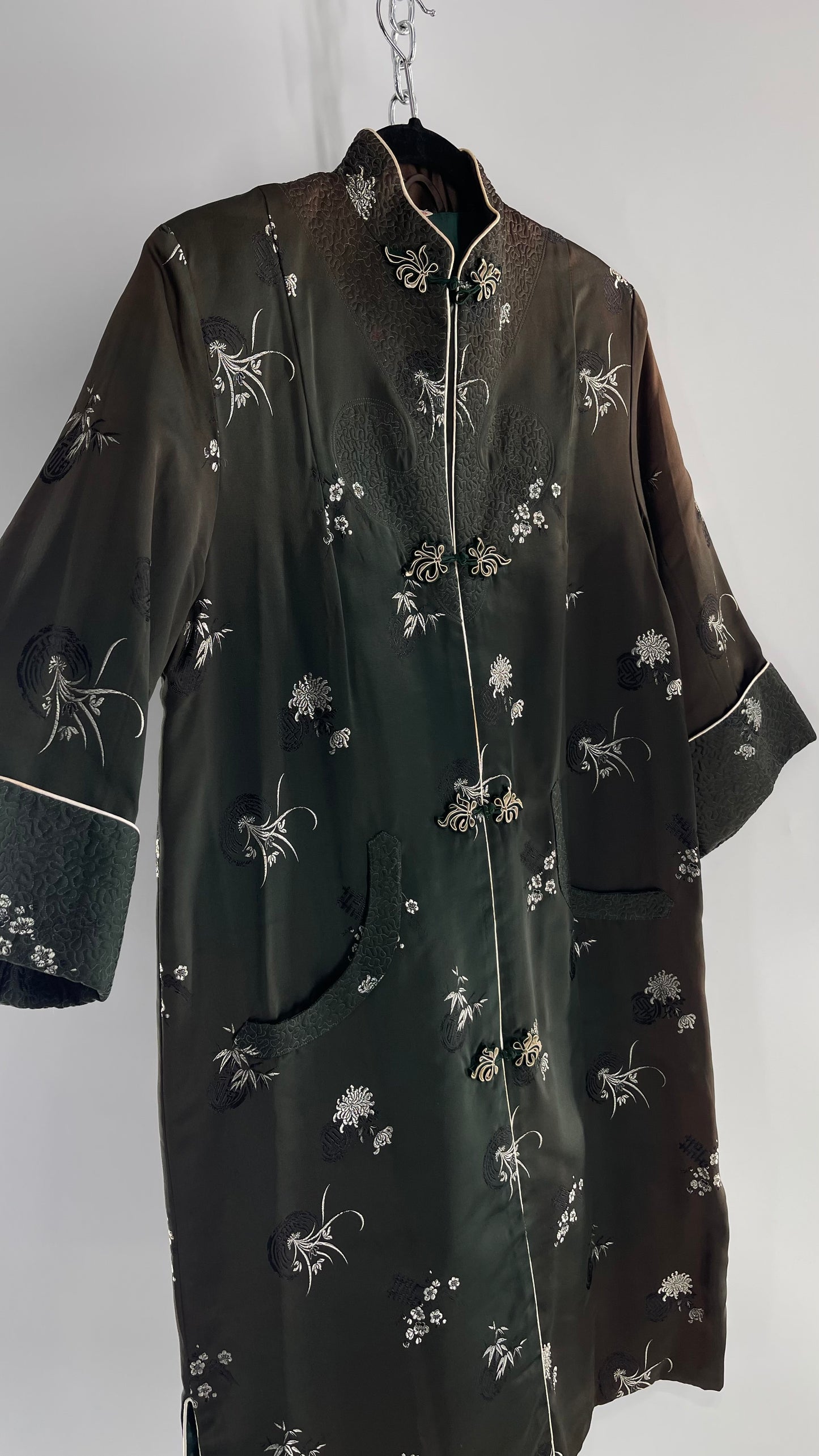 Vintage Hong Kong, Hand Made, Dark Green Silk Kimono Coat/Smoking Jacket (38)