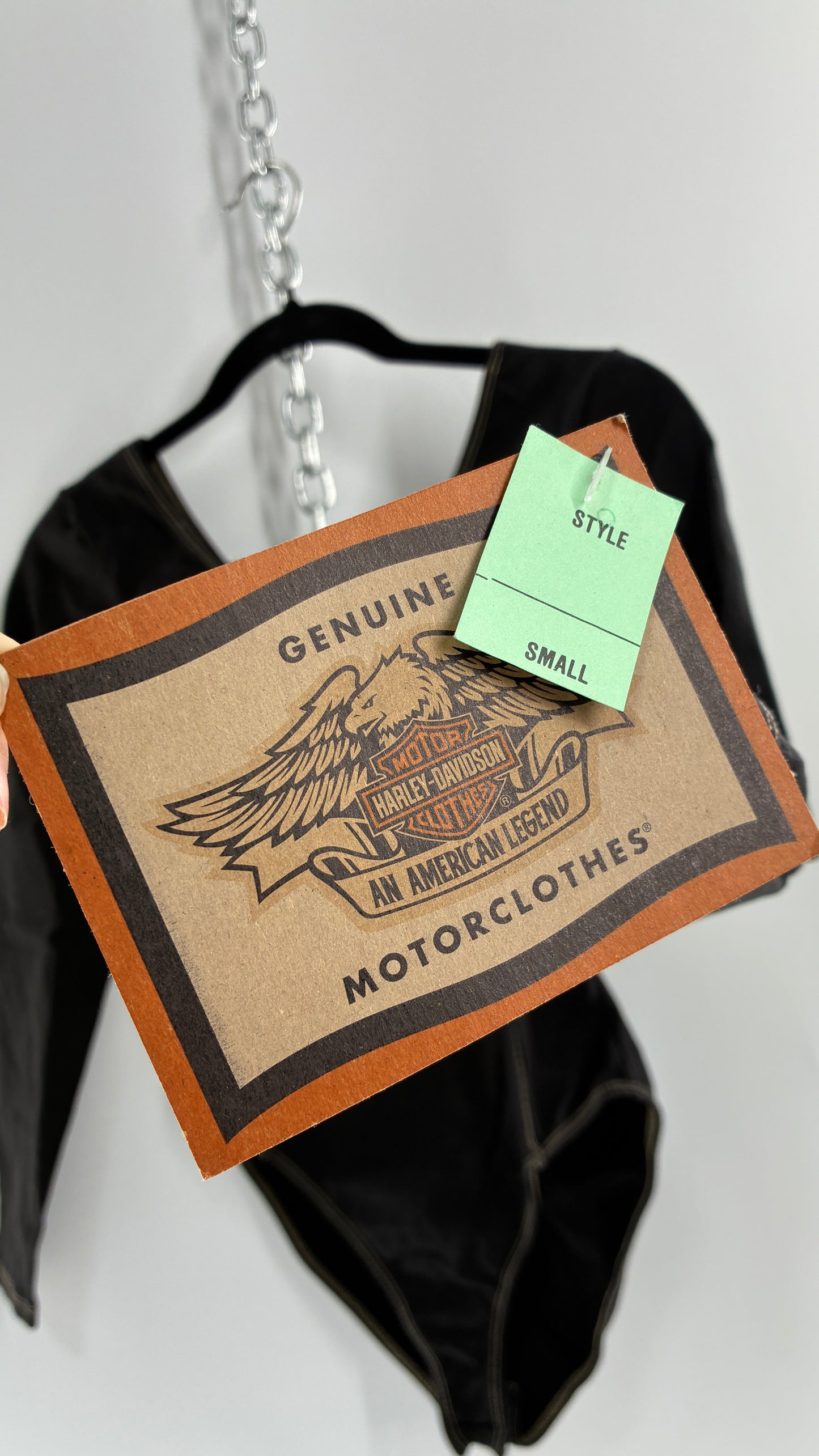 Vintage Deadstock Black Harley Davidson Long Sleeve Bodysuit with Contrast Tan Stitching (Small)