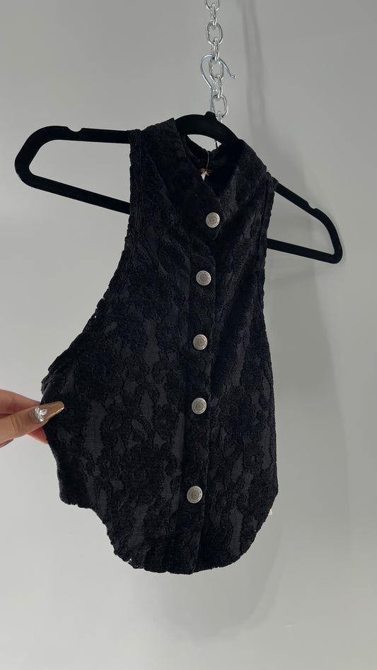 Free People Black Velvet Lace Sleeveless with Metal Buttons (Small)