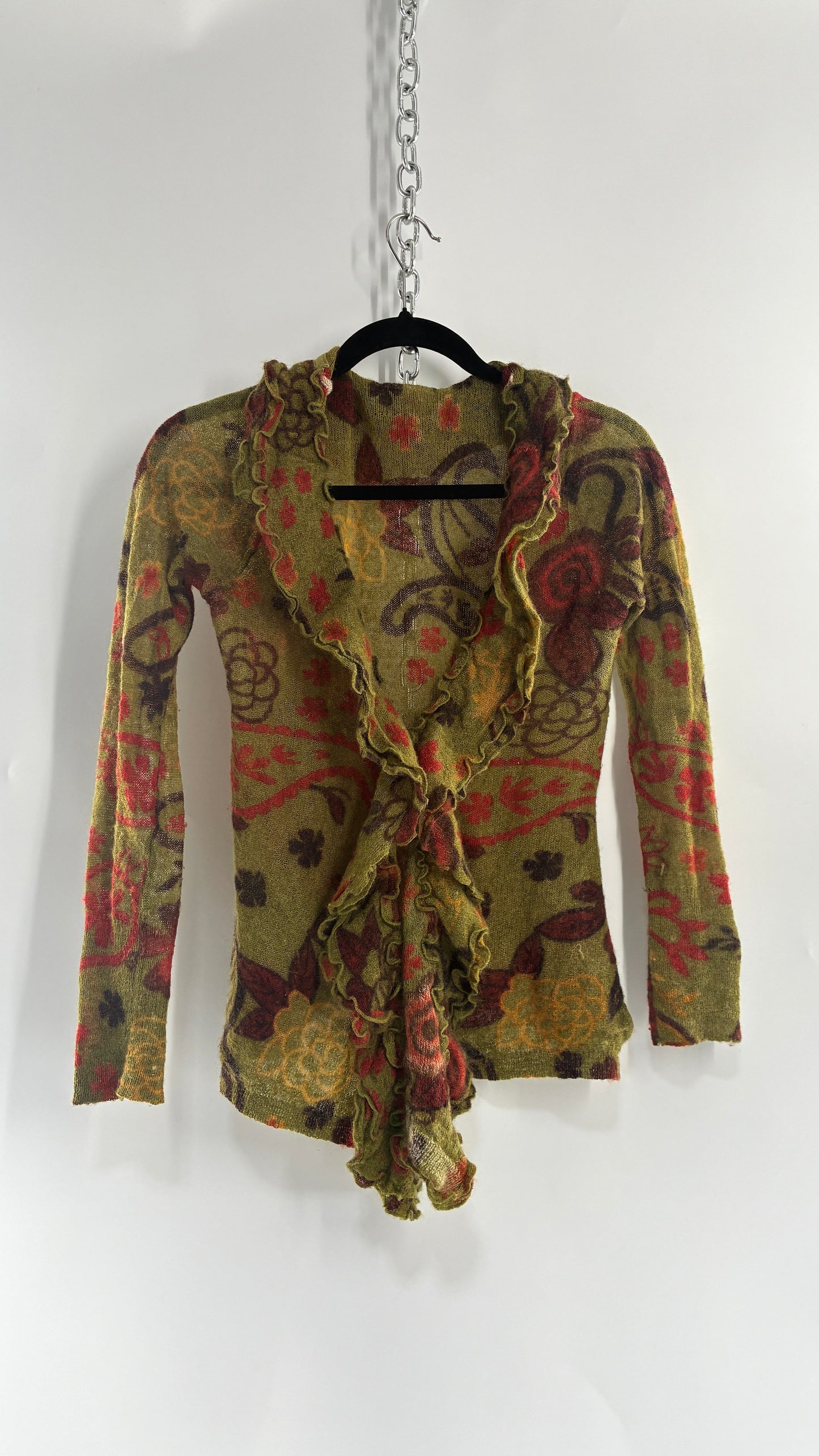 Vintage Green Paisley Mohair/Merino Wool Blend Long Sleeve with Bust Clasp and Ruffled Design (Medium)