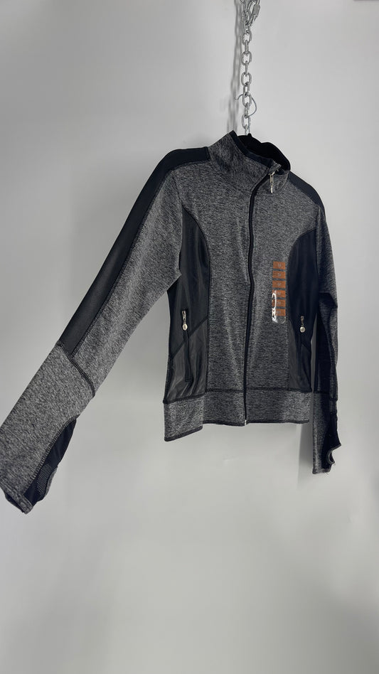 Catherine Malandrino Grey With Black Details Front Zipper Athletic Jacket Thumbs Cut Out (Size Medium)