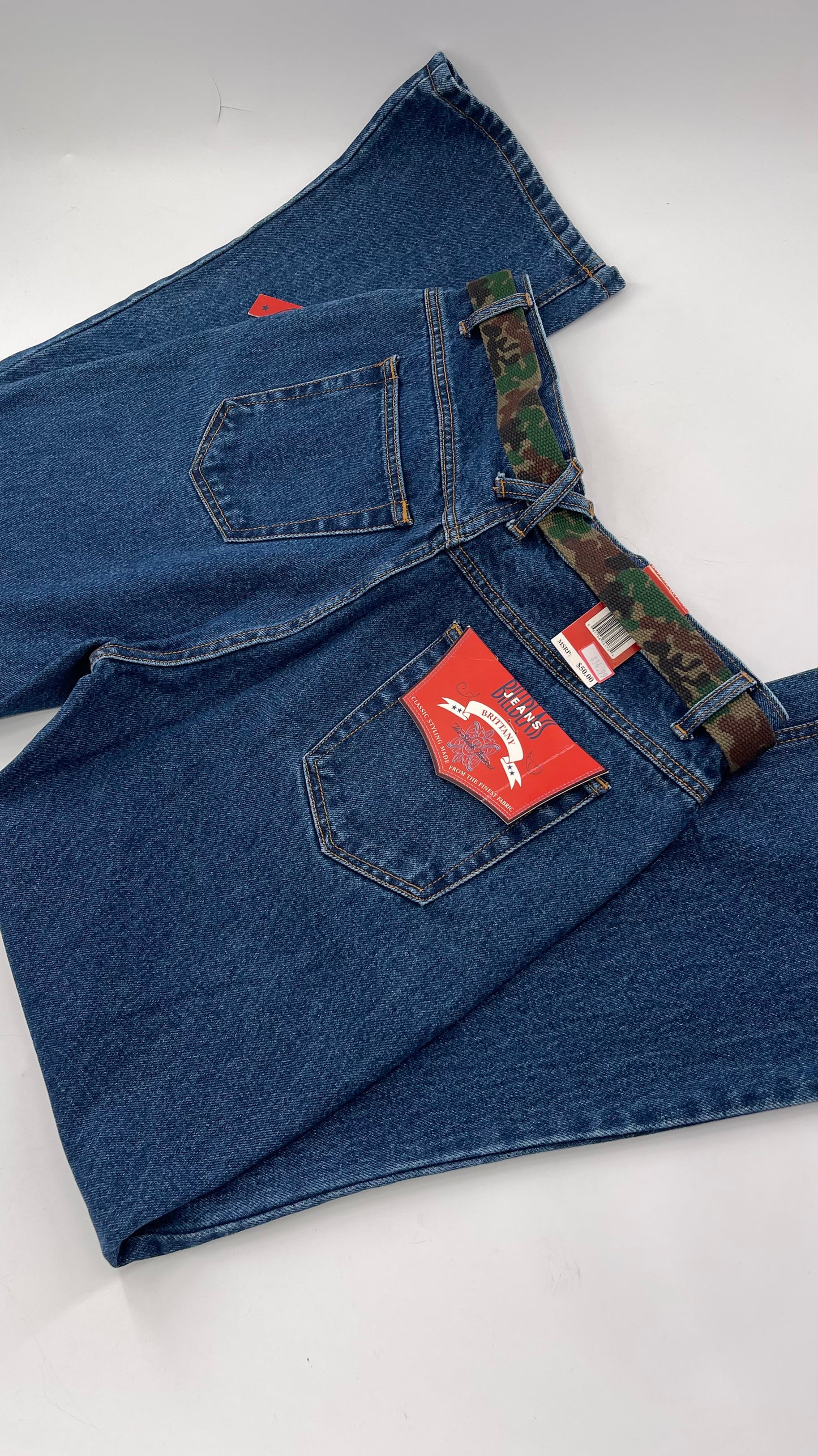 Deadstock Vintage Bill Blass Blue Jean with Camo Belt and Rhinestone Encrusted Buckle  (12P)