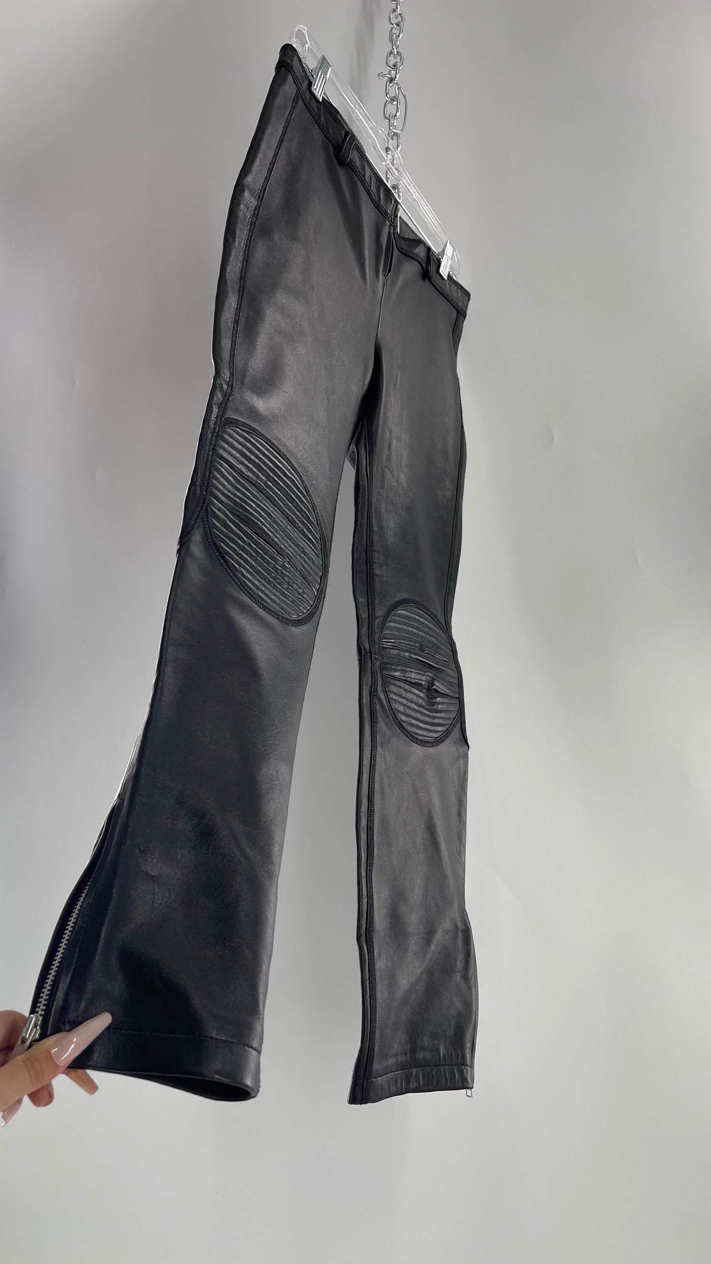 PAOLA FRANI 1990s Black Genuine Leather Low Waisted, Zip Front, Patched Bum and Knee Pants (8)