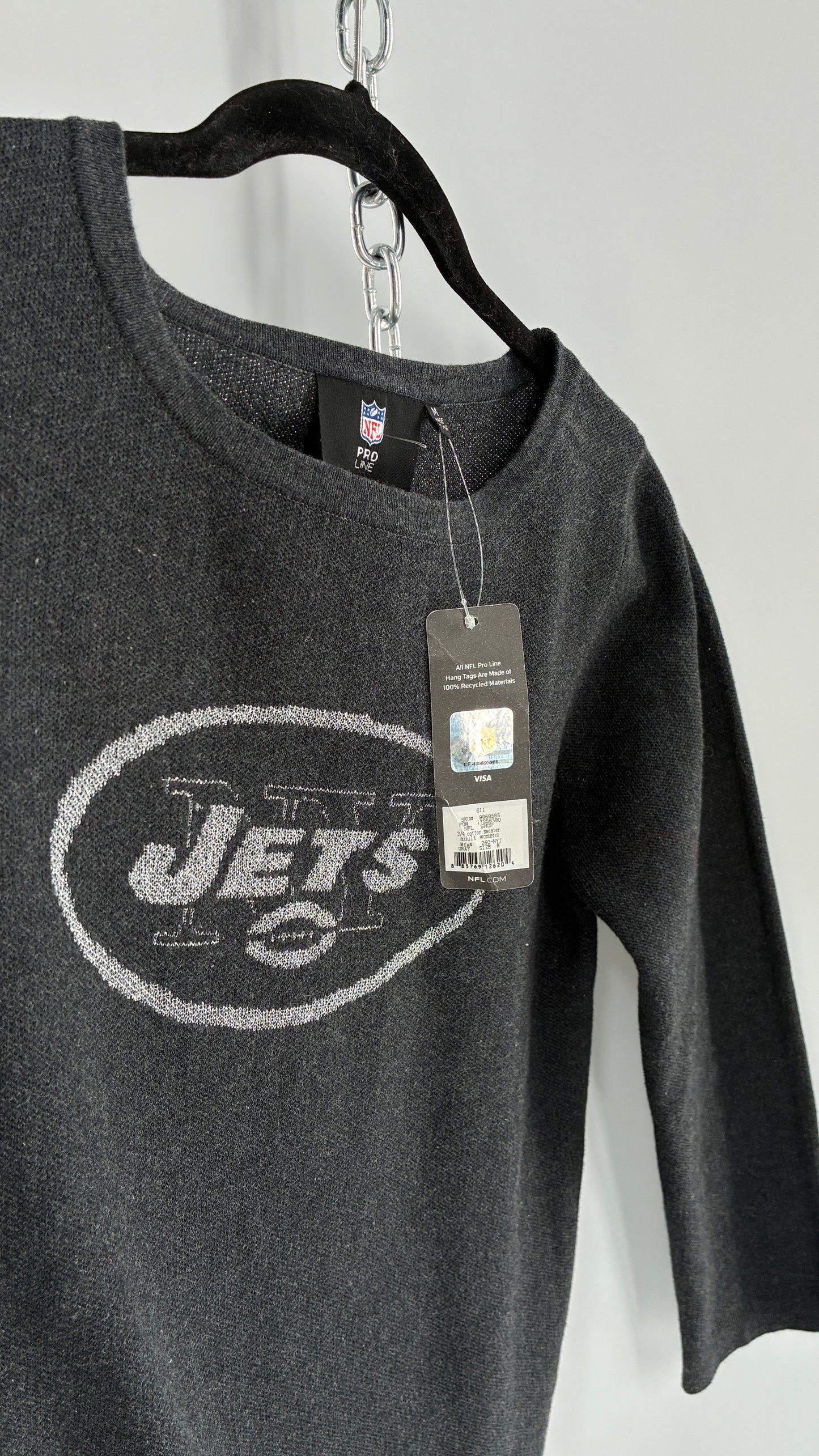 Deadstock Vintage 1990s New York JETS Grey Silver Tinsel NFL Knit Crewneck (Medium)