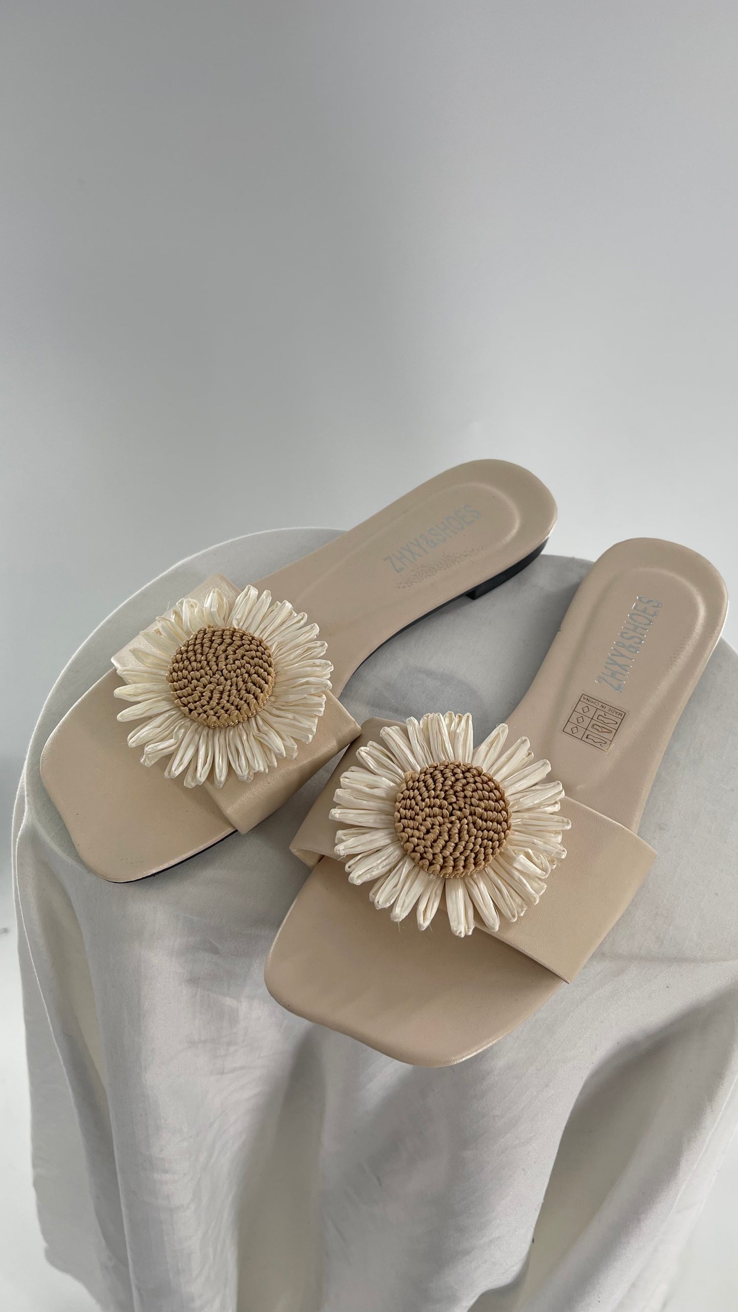 Neutral Beige Square Toe Flower Flats (39)