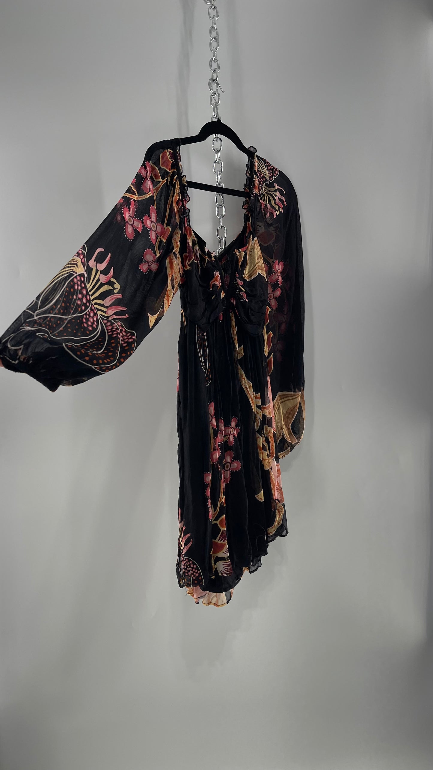 Anthropologie Let Me Be Crimped Black Chiffon Pink Floral Patterned l Dress with Tie/Open Back Detail and Tags Attached (Small)