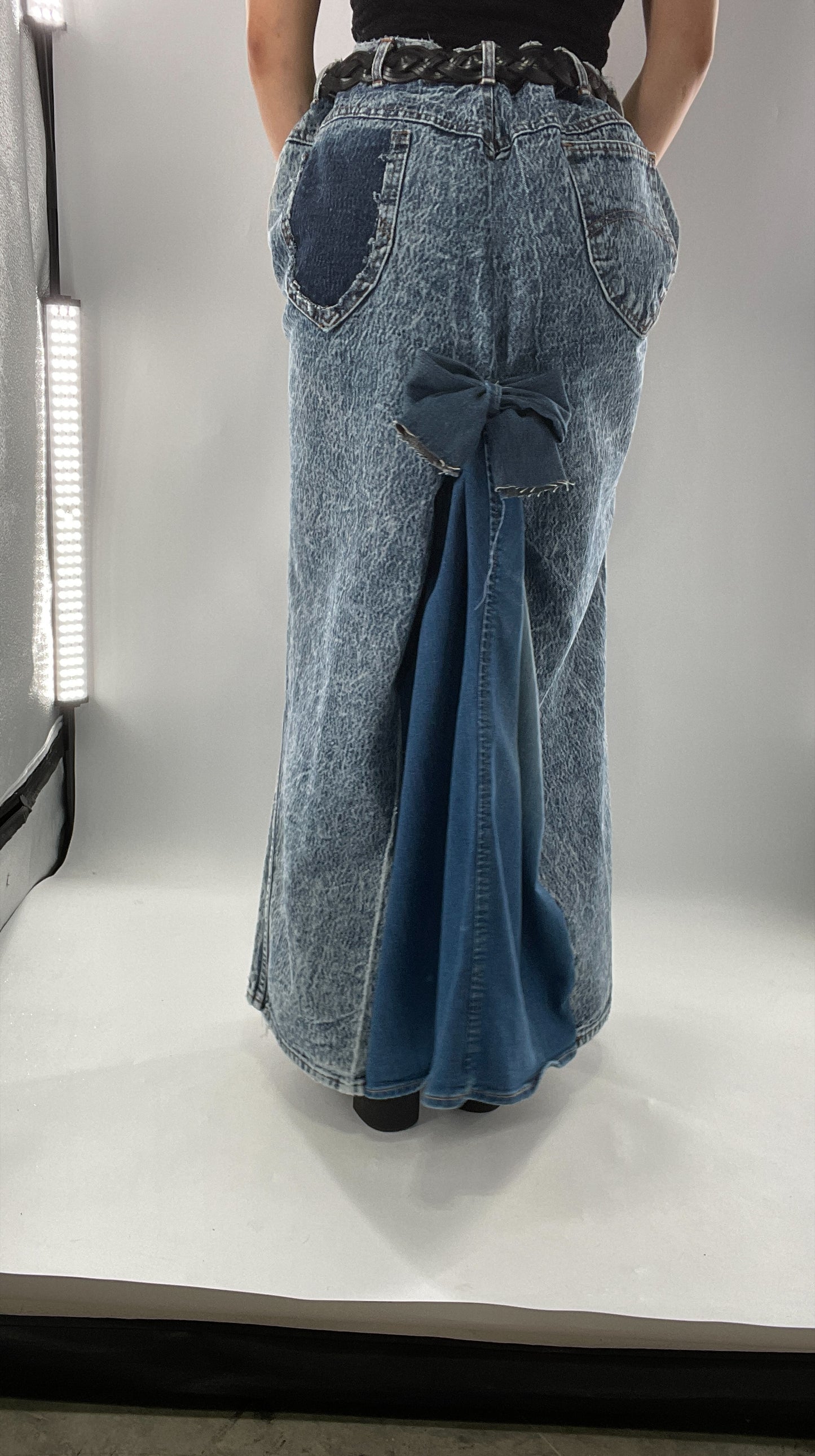 Custom Handmade Acid Wash Denim Slit Front Ruffled Skirt with Bow Bum (Large)