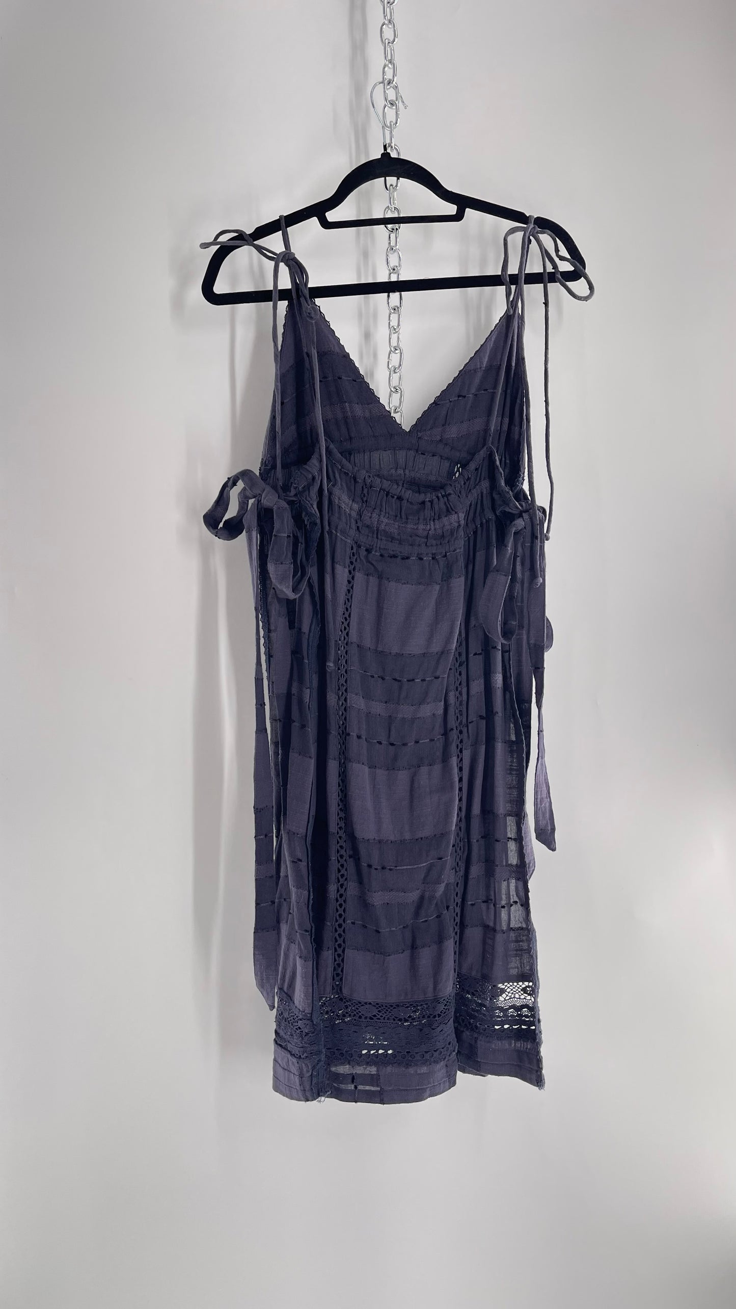 Free People Navy Blue Cotton Lace and Embroidered Open Tie Side Dress (M)