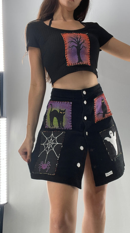 Custom Black Corduroy MNG Skirt with Hand Sewn Halloween Patches (EU M US S)