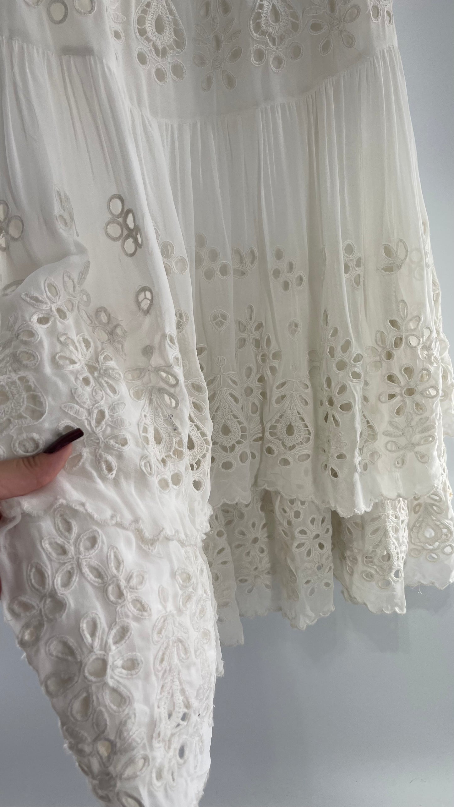 Free People White Embroidered Eyelet/Lace Voluminous Tiered Ruffle Full Length Skirt (4)