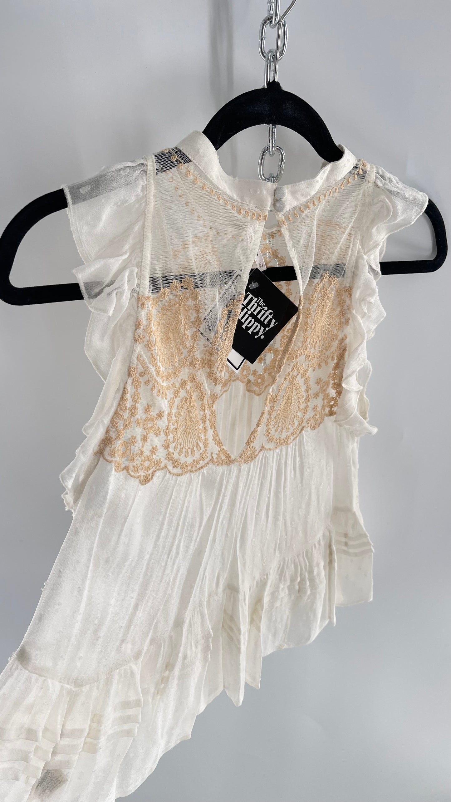 Free People Delicate,Romantic Feminine Sleeveless Blouse with Pleating, Embroidery and Keyhole Back (XS)