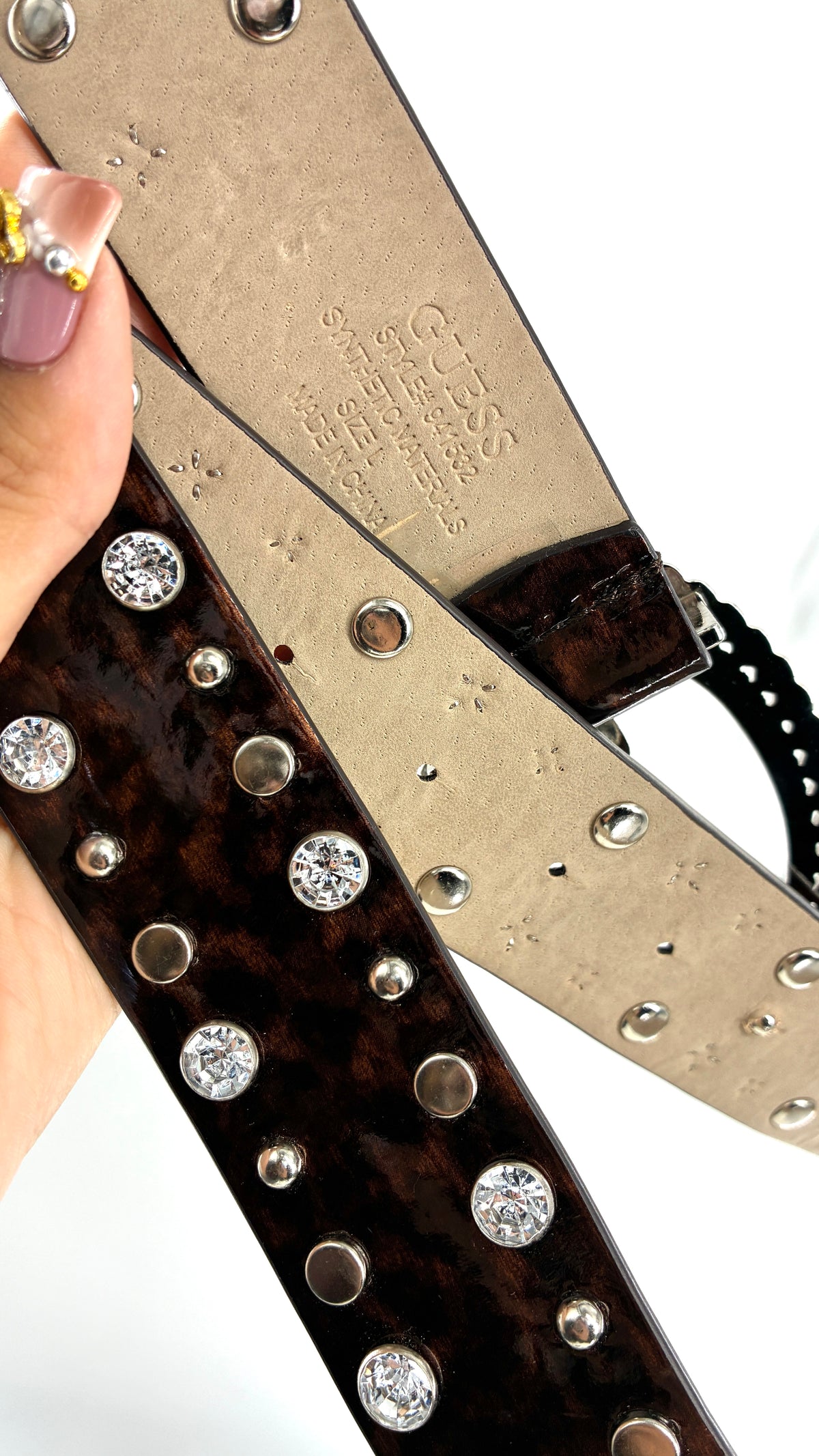 Vintage GUESS Glossy Tortoise/Cheetah Belt Covered in Studs, Crystals and Iconic Buckle (Large)