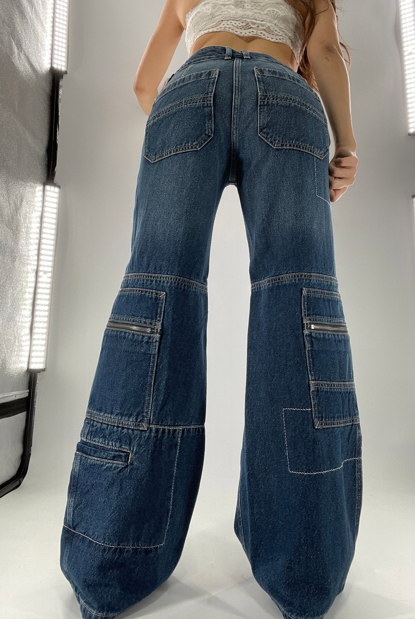 Free People Medium Wash Baggy Straight Legs Jeans Covered in Zippers, Pockets, Stitching (28)