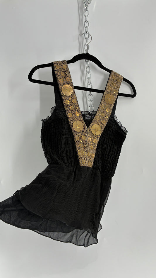 Vintage SAKS FIFTH AVENUE Black 100% Silk Camisole with Heavily Beaded Bronze Appliqué Strap (Small)