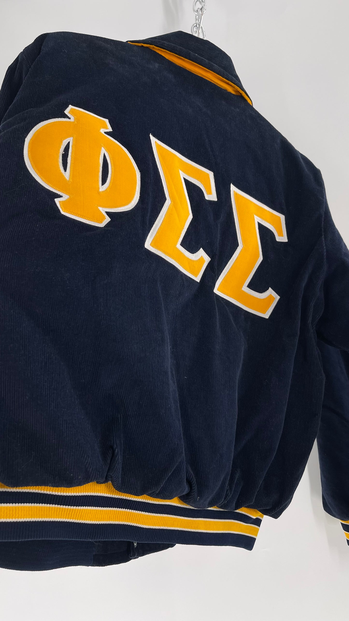 Birdie Vintage Phi Sigma Sigma Navy Blue Corduroy Varsity/Sorority Jacket with Contrast Yellow Patches and Embroidered “Paula” Monogram (Large)