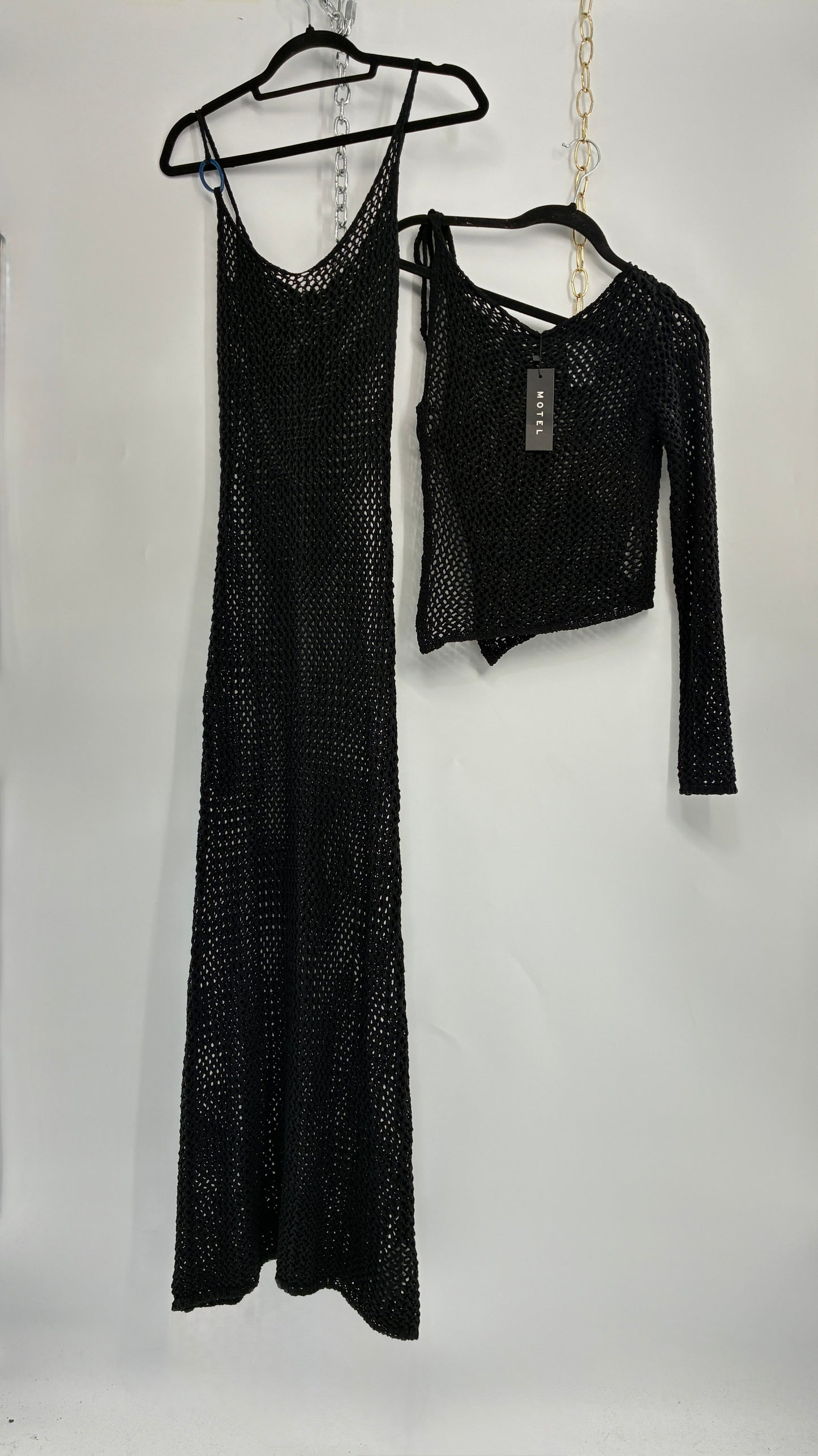 MOTEL Black Crochet Set with Maxi Dress and Matching Top with Tags (XXS)