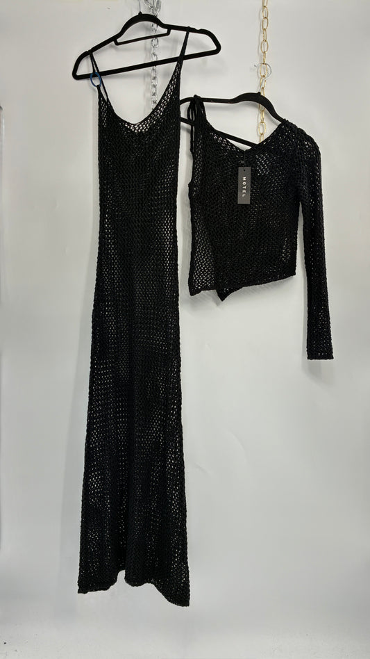 MOTEL Black Crochet Set with Maxi Dress and Matching Top with Tags (XXS)