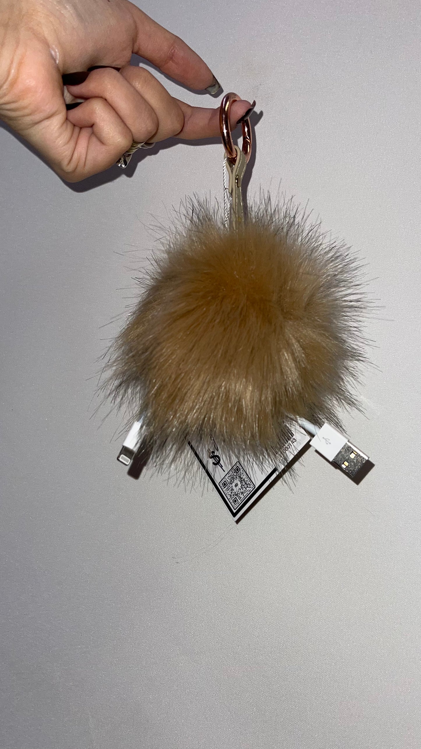 Free People Tan Fur Pom Pom Keychain with Charging Port