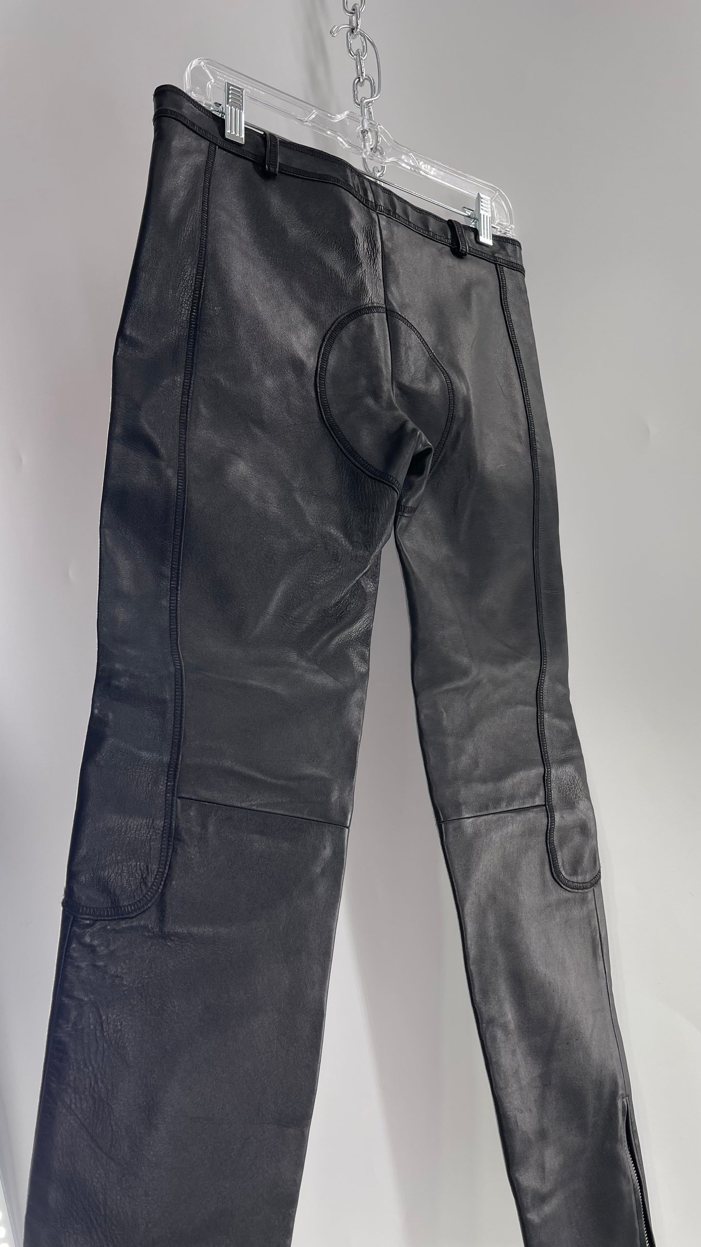 PAOLA FRANI 1990s Black Genuine Leather Low Waisted, Zip Front, Patched Bum and Knee Pants (8)