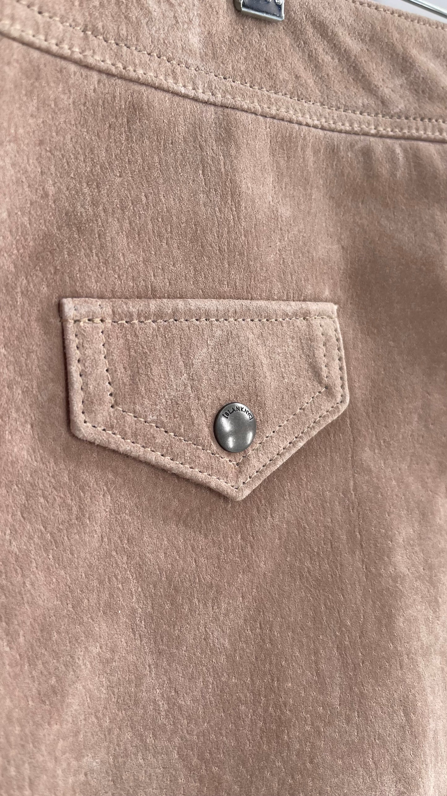 Blank NYC Taupe Tan Suede Leather Mini Skirt with Side Belt, Pocket, and Zipper Details (32)