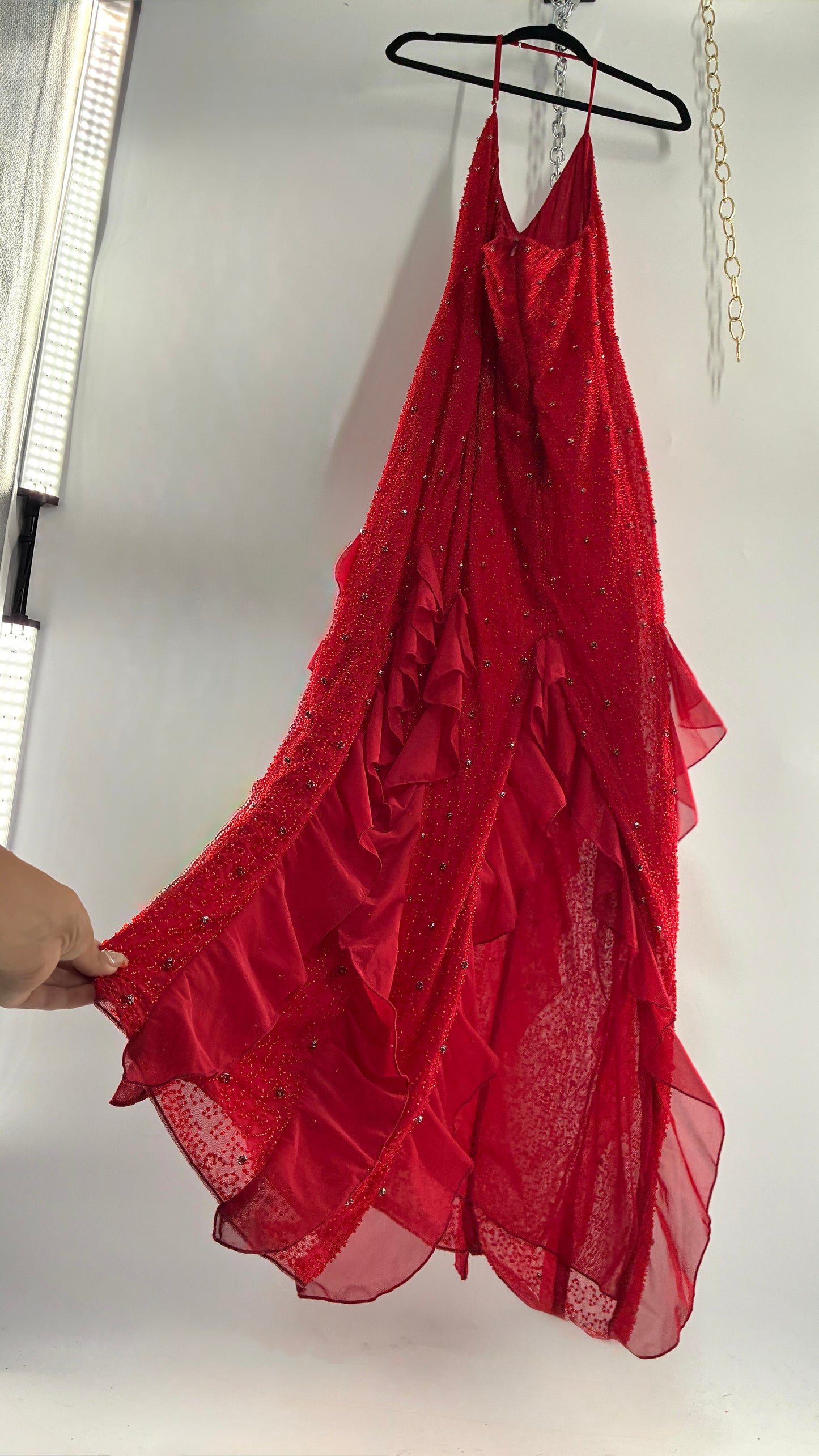 OH POLLY Red Beaded Gown with Ruffled Detailing NWOT (14)