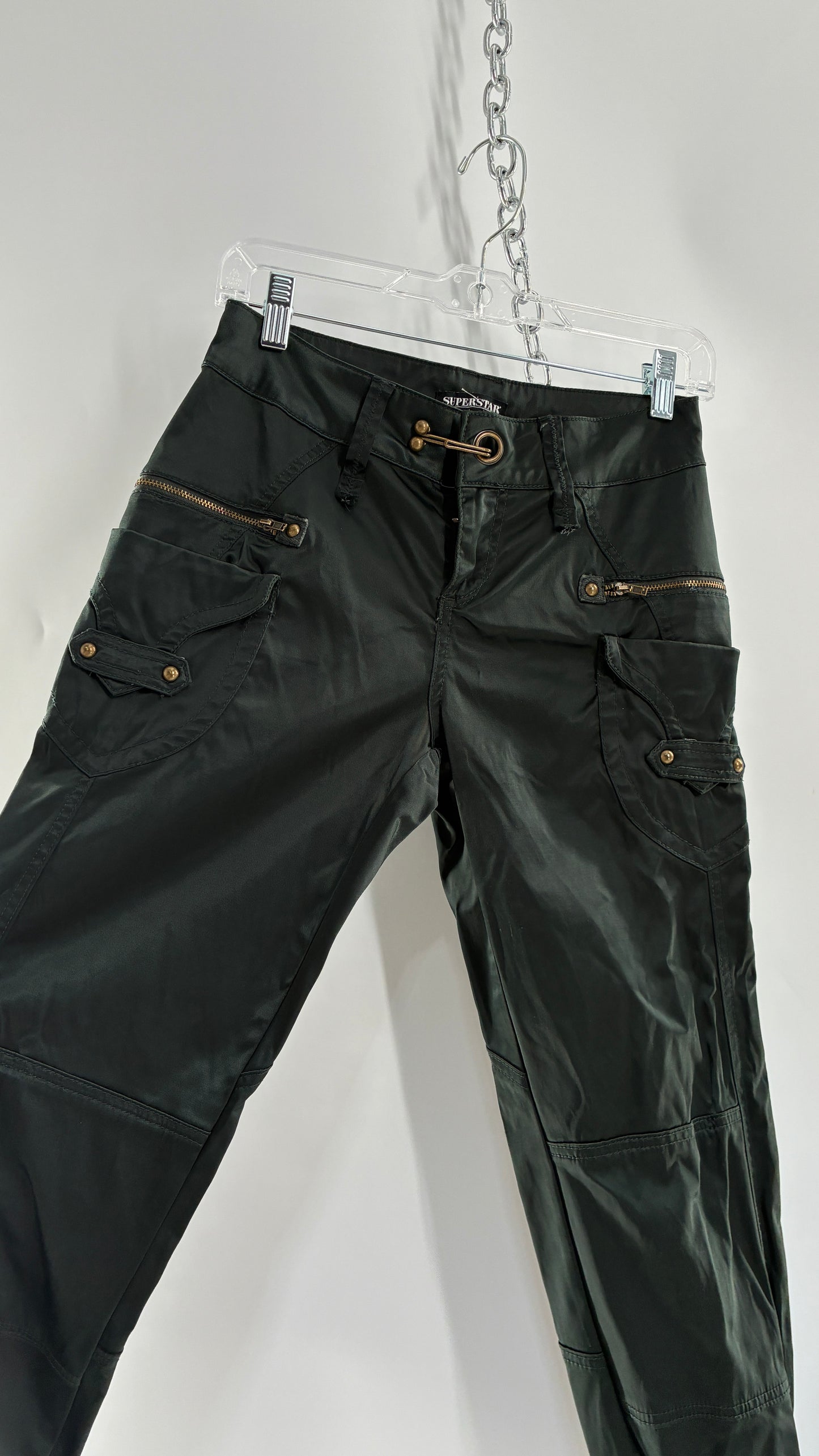 Vintage SUPERSTAR Shiny Low Rise Black Cargos with Heavy Brass Hardware, Zippers and Closure (36)