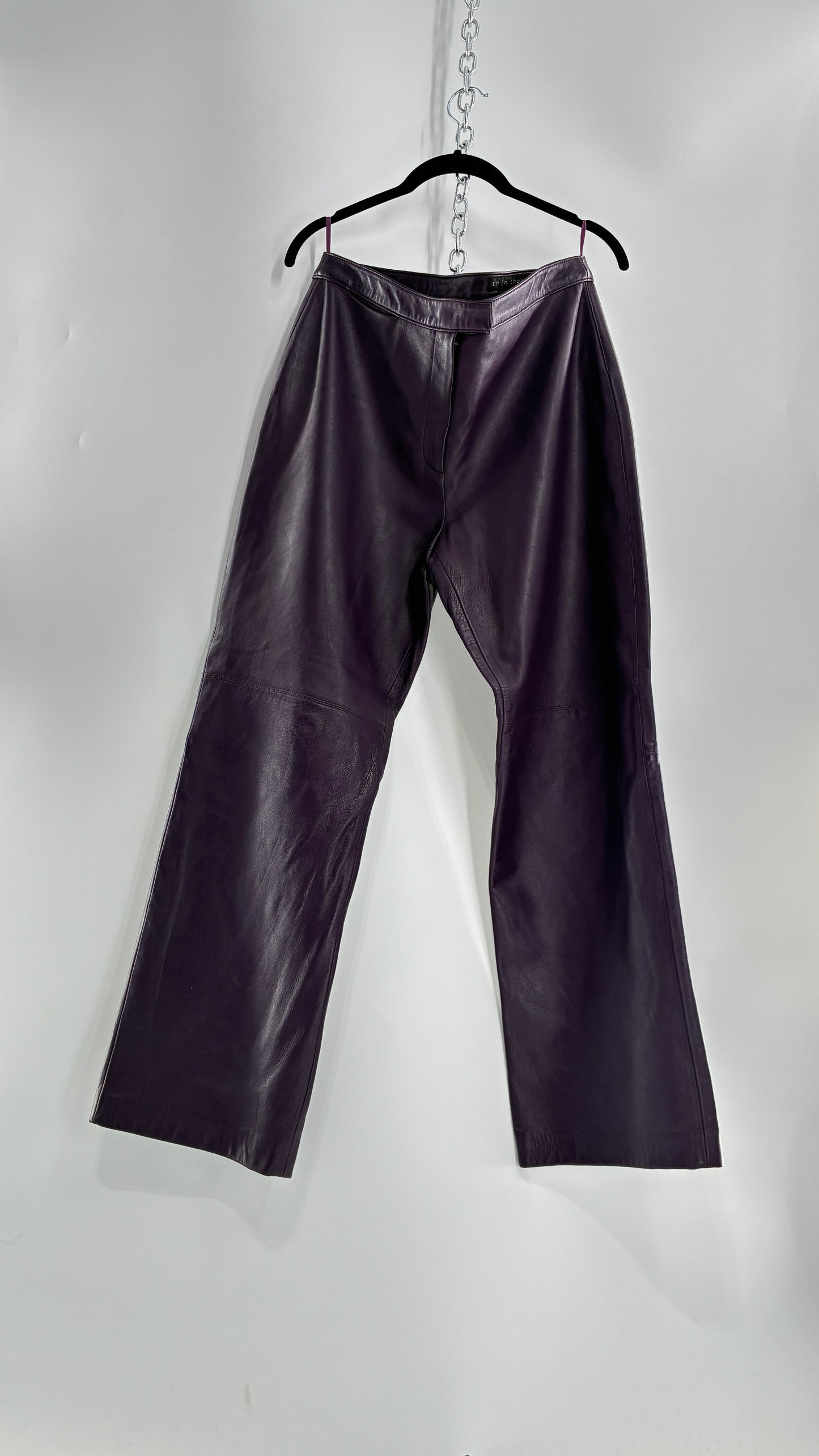 Vintage SHIN CHOI Genuine Italian Leather Purple Side Closure Low Rise Pants (12)