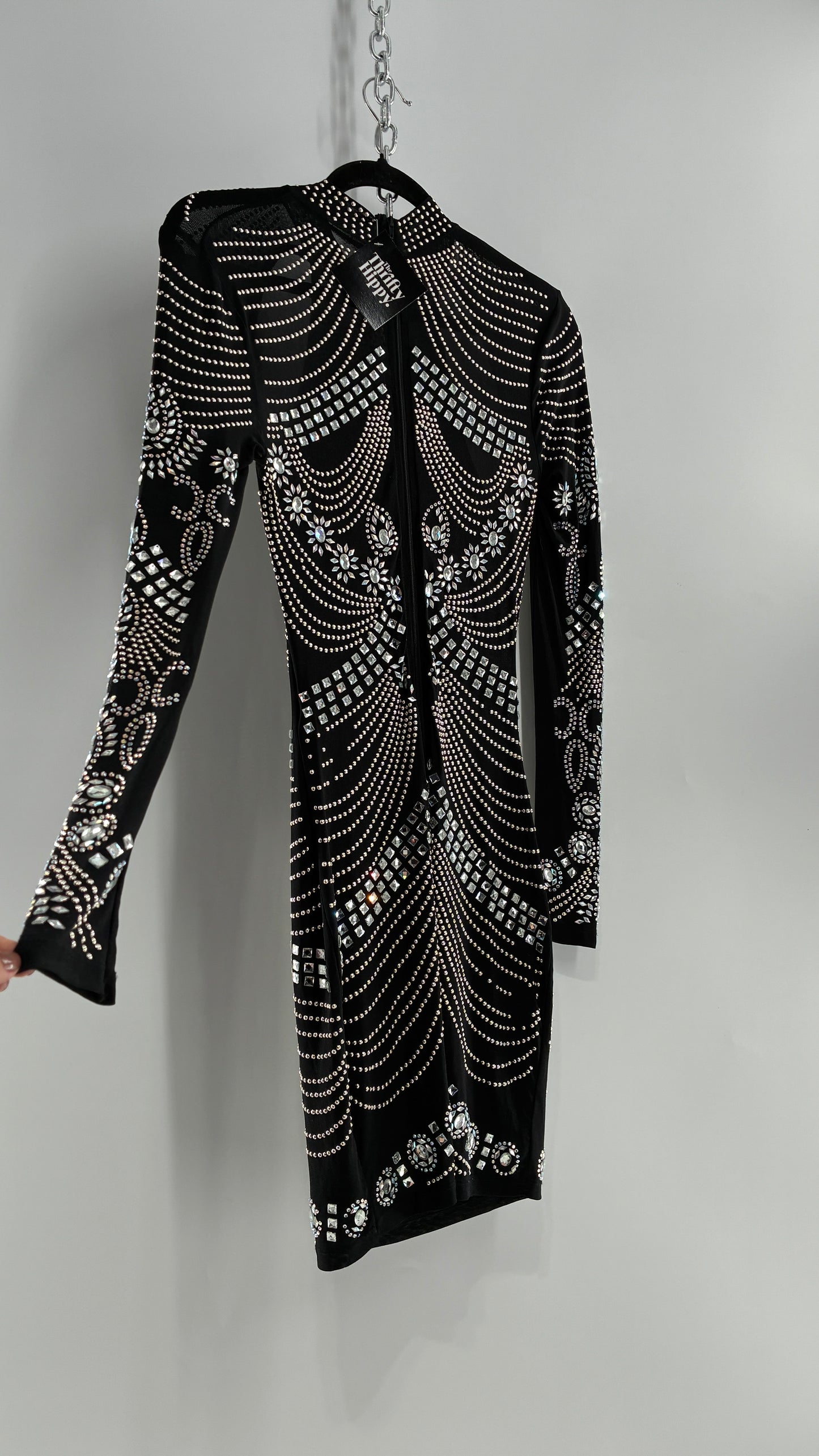 Black Bedazzled Mini Dress with Cut Out Details Covered in Gems (Small)