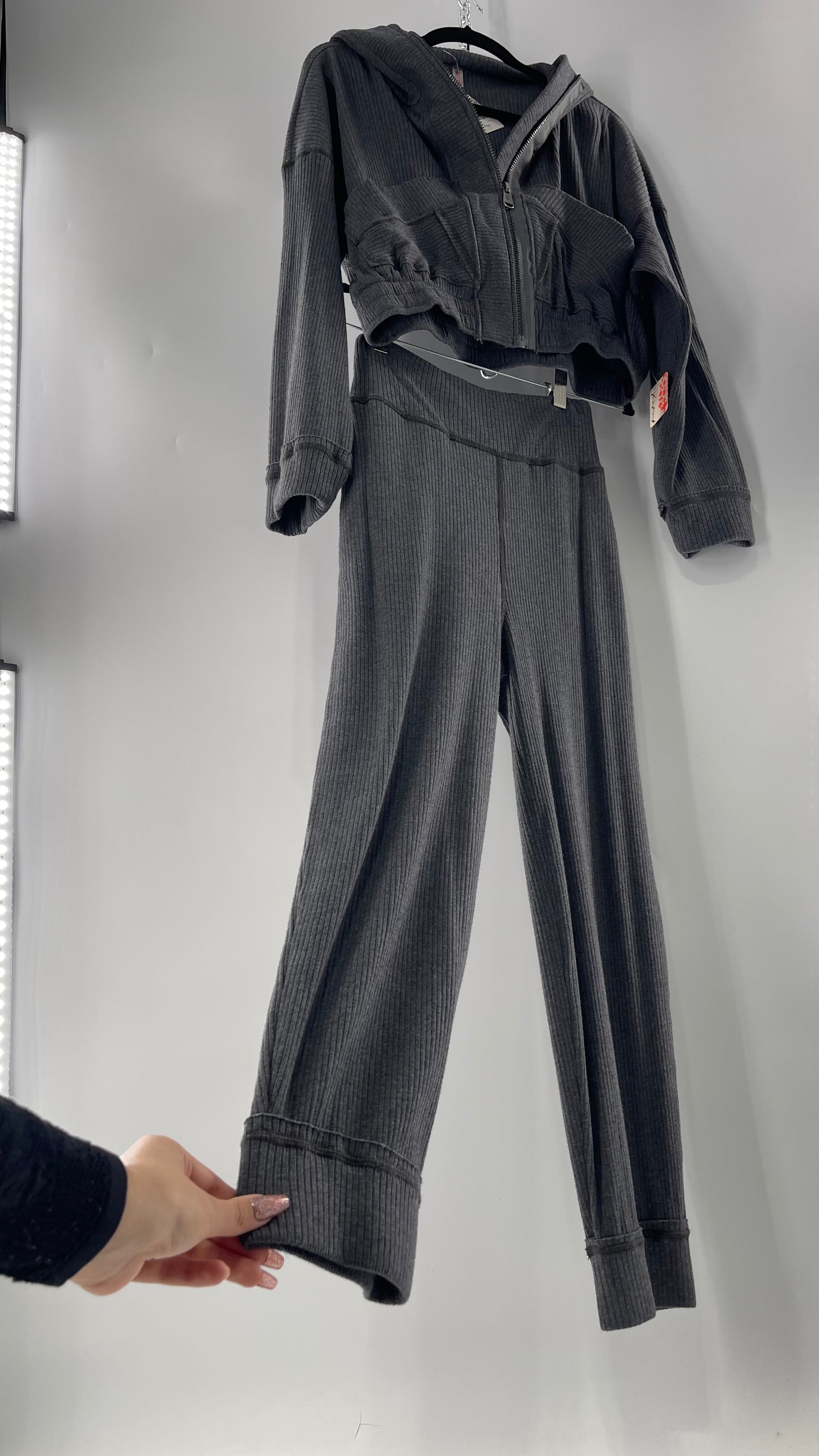 Free People Charcoal Slate Gray 2 Piece Set with Cropped Hoodie and Jogger Sweats with Tags Attached (XS)