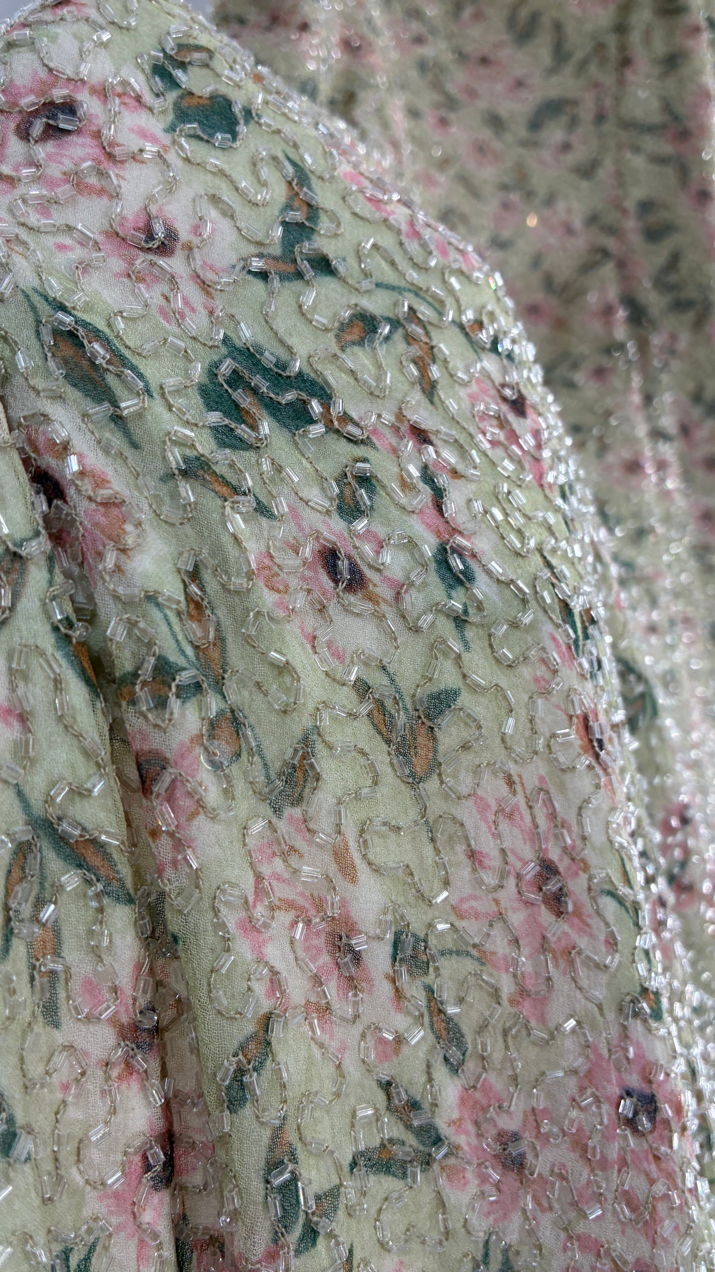 Deadstock Vintage Sage Green Beaded Floral Gown with Open Back, Built in Bust Padding, and Tags Attached (XL)