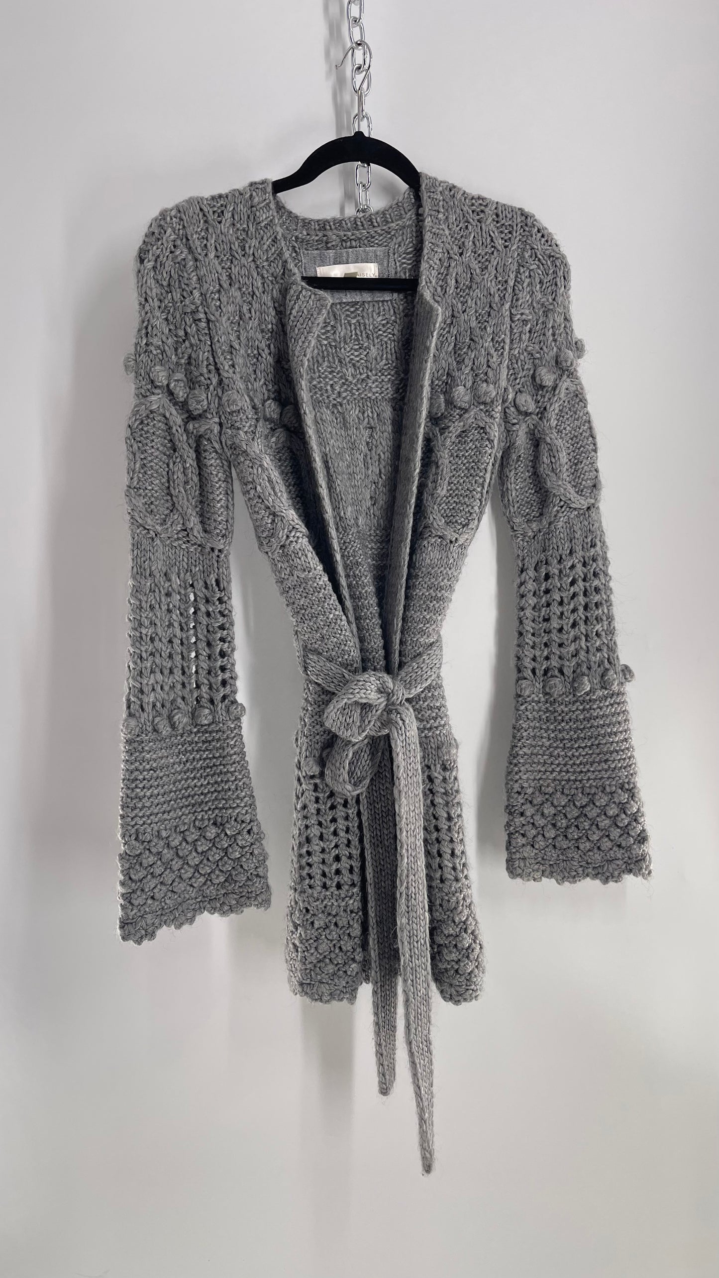 Vintage KAISLEY Thick Knit Grey Cardigan with Waist Tie (Small)