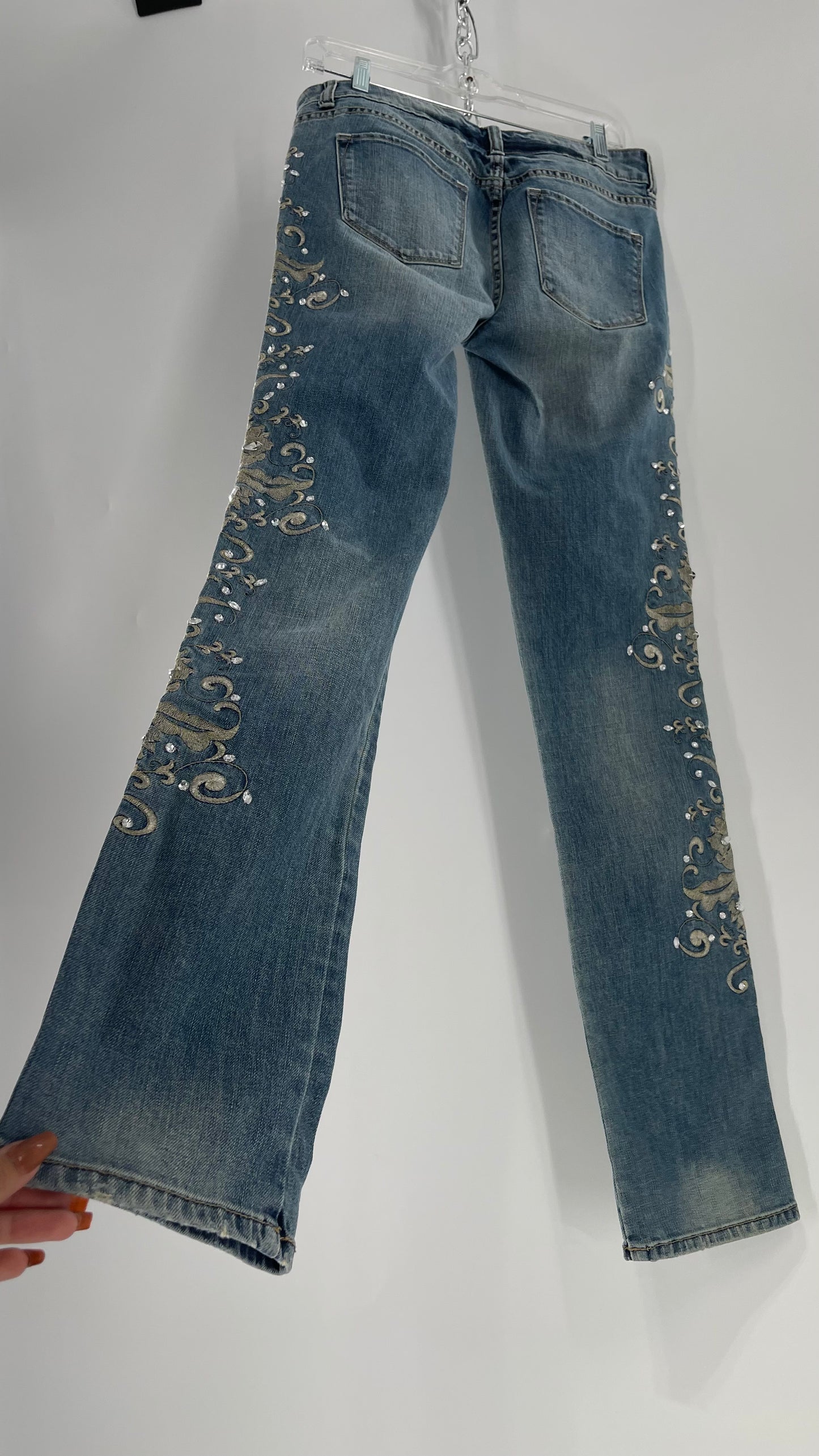 Jean London Jean Light Wash Waist Band to Hem Outer Leg Silver Embroidery with Crystal Rhinestones (6)
