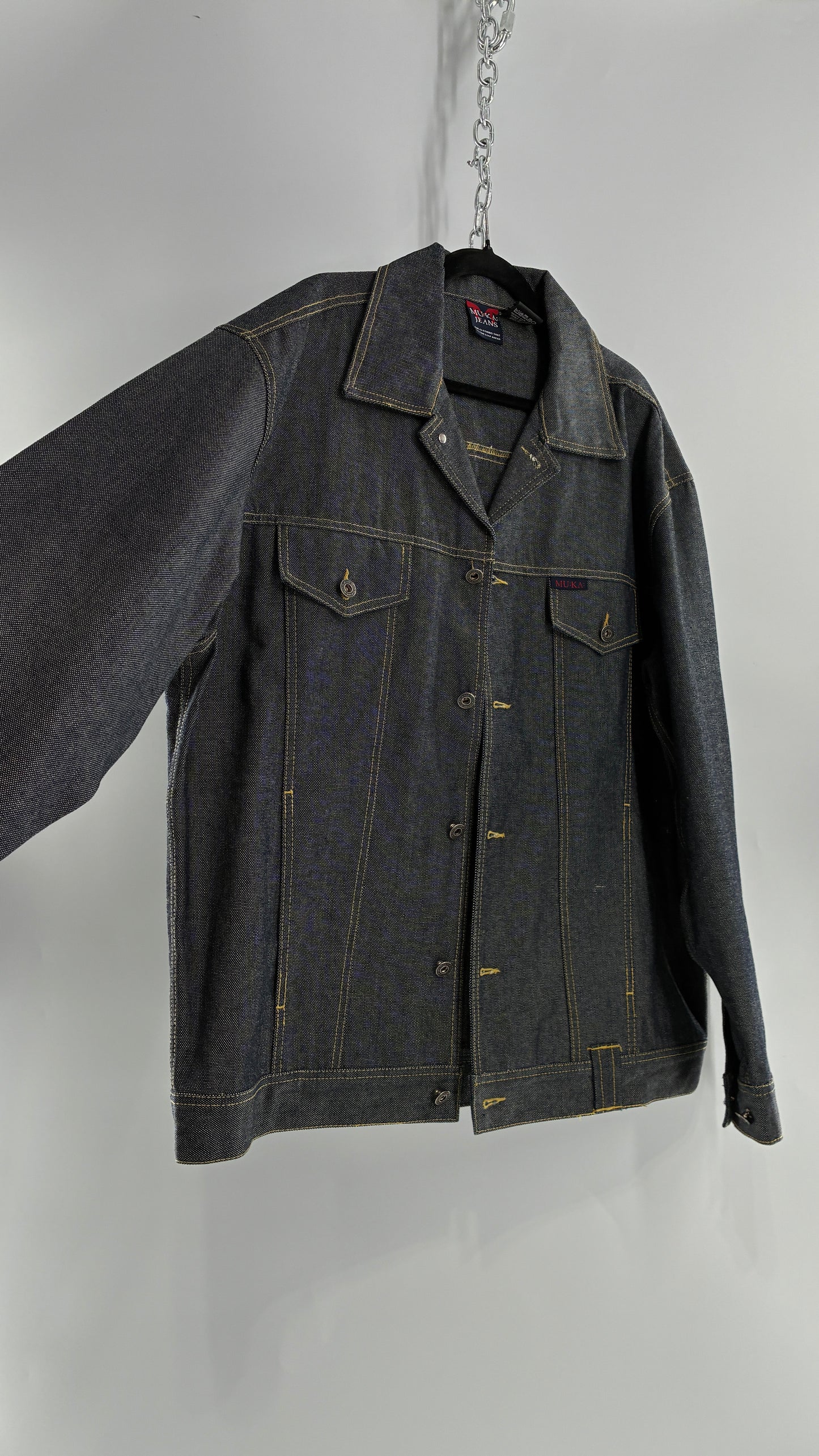 Vintage 1990s MU:KA: JEANS Men’s Dark Wash Japanese Style Denim Baggy Straight Legs and Oversized Jacket Set (L, 32x32)