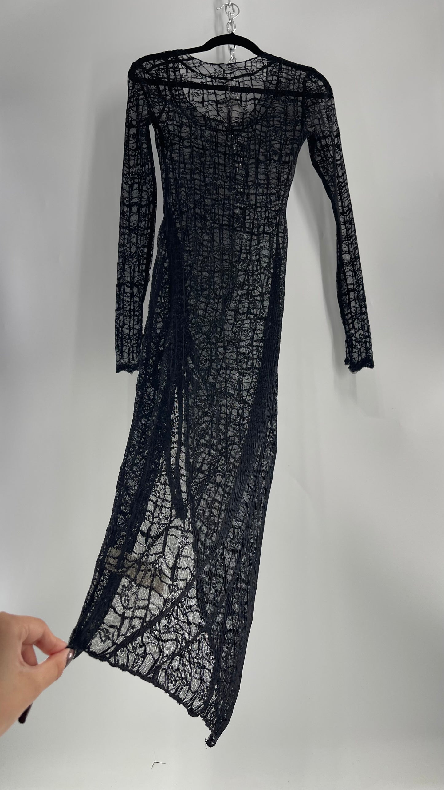 Free People Sabina Black Sheer Crimped Lace Long Sleeve Maxi with Ruched Slit (XS)