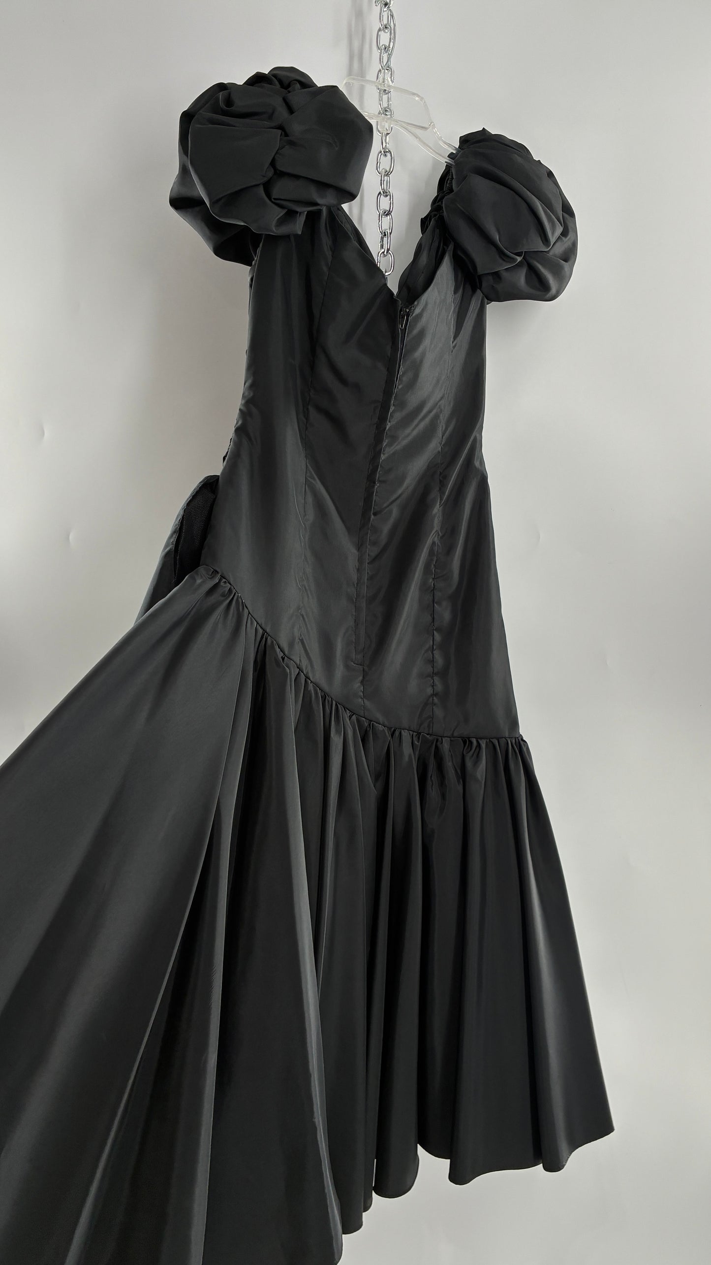 Vintage 1980s Black Gown with Ruched Bodice, Exaggerated Puff Sleeves, and Tiered Skirt (Measured)