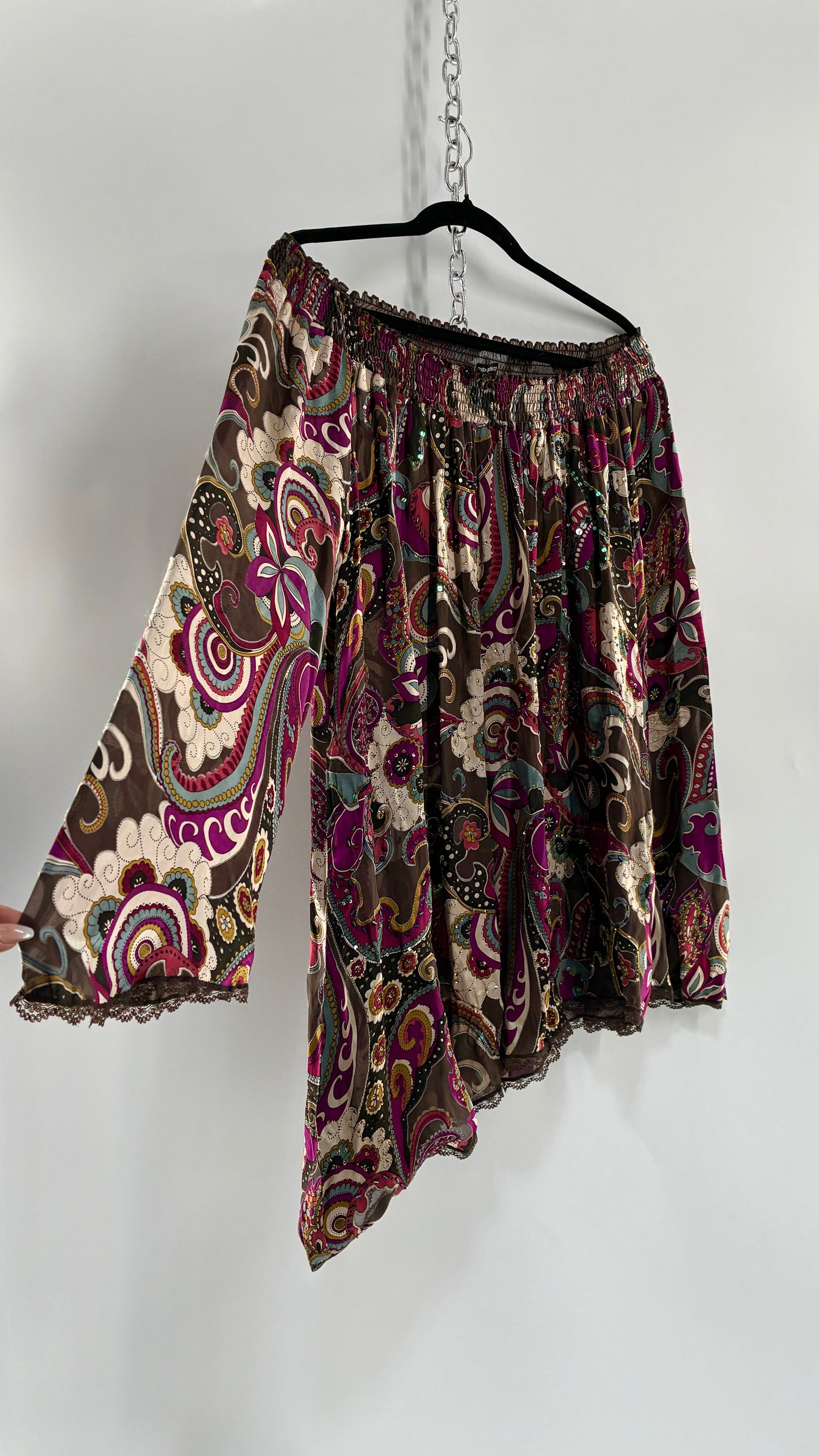 Vintage Italian 1990s 35% Silk Beaded Off the Shoulder Paisley Blouse/Mini Dress with Lace Trim (One Size)