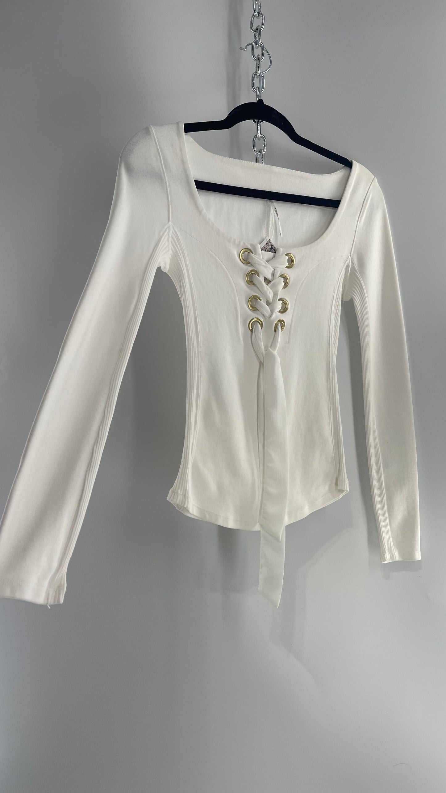 Free People White Lace Up Long Sleeve with Gold Grommets (XS)
