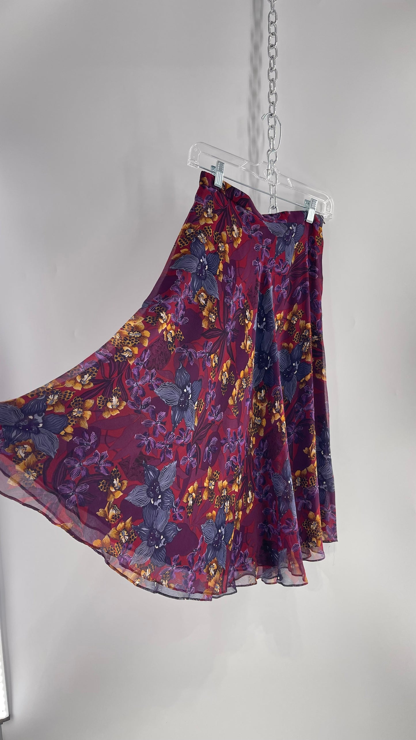 Vintage 100% Silk Burgundy Tropical Skirt with Leopard Florals (4)