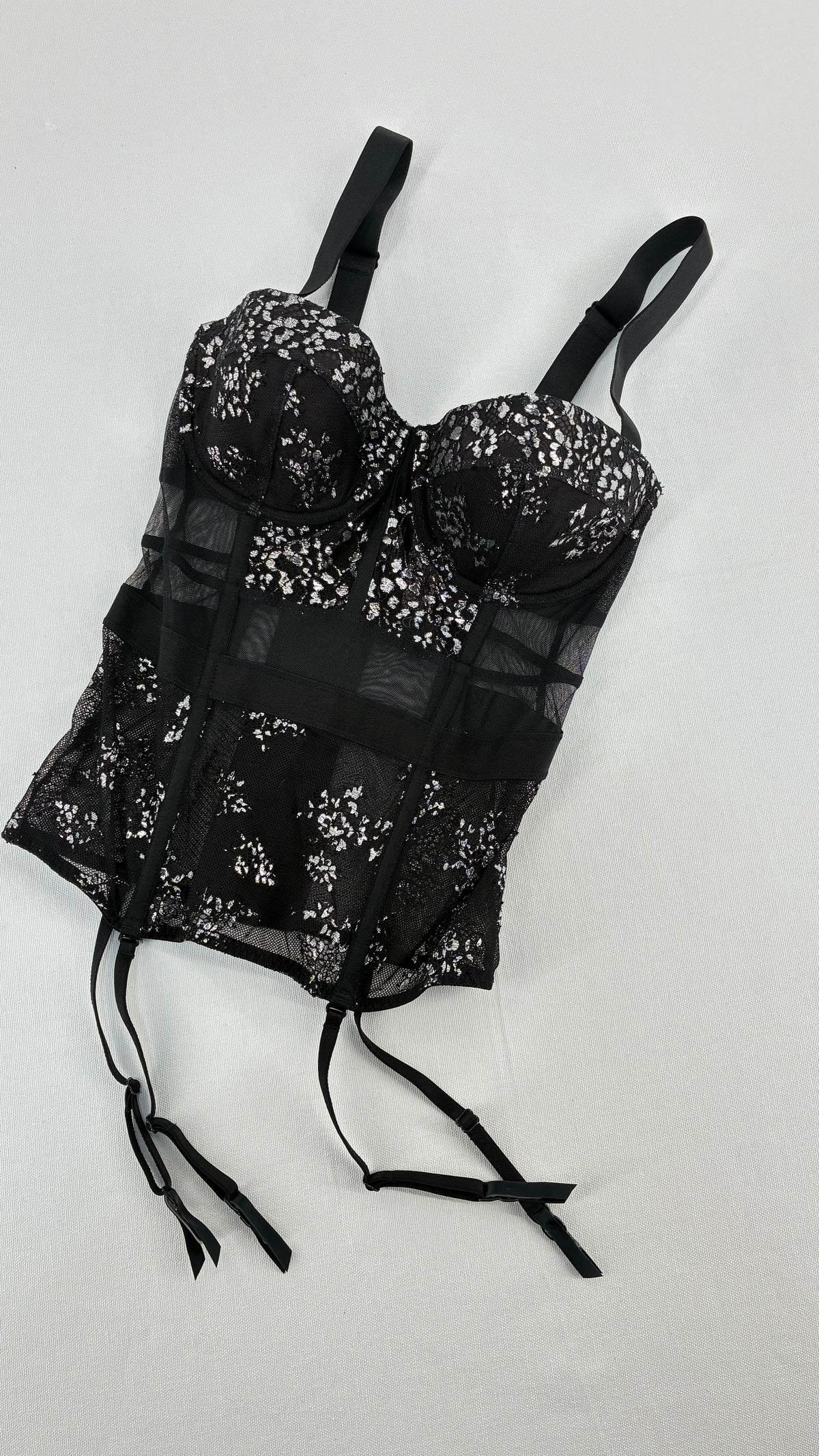 Deadstock Vintage VICTORIA’S SECRET Black and Silver Mesh, Lace Corset with Tags Attached (32C)