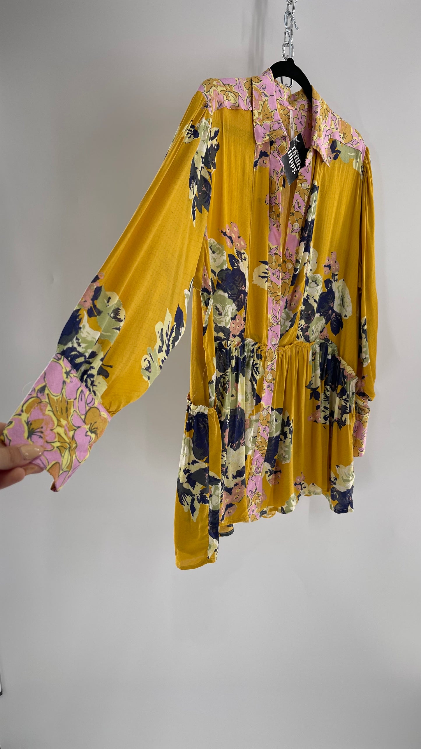 Free People Oversized Button Up Contrast Pattern Yellow Floral Blouse (XS)