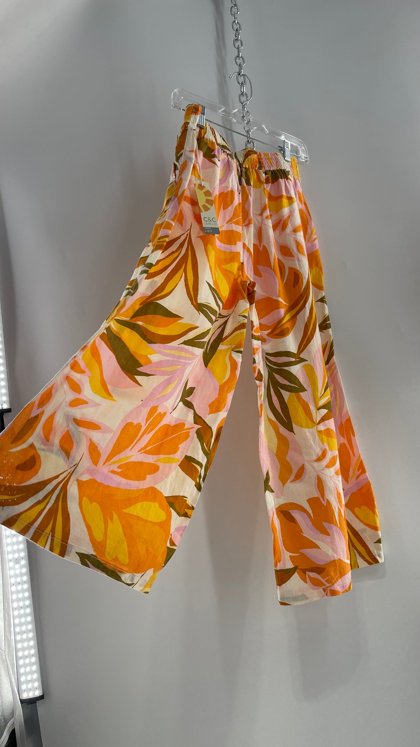 CC California 100% Linen Tropical Print Orange Wide Legs (Small)